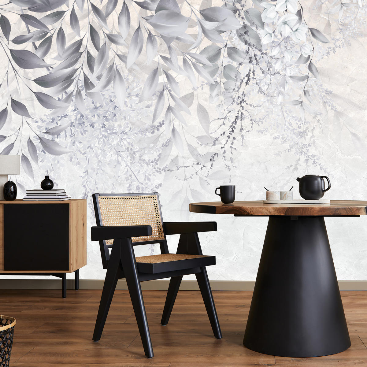 FOTOTAPETE für Schlafzimmer Subtile Rankenblätter Grau 250x175 - Weiß/Grau, Papier (250/175cm) - Muralo