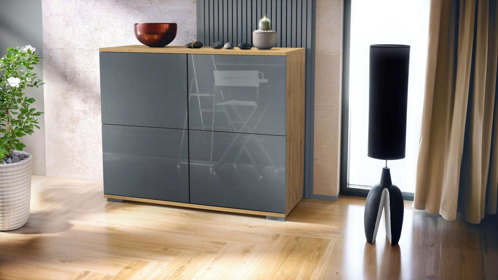 KOMMODE Rova Grau Hochglanz - Grau, Holzwerkstoff (92.5/75.5/35cm) - Vladon