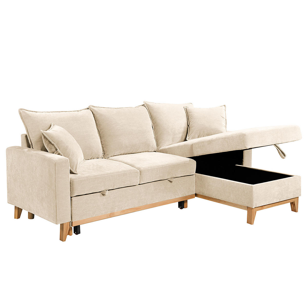 ECKSOFA mit Schlaffunktion - Flachgewebe - Hellbraun/Beige, Holz/Textil (214/145cm) - home24