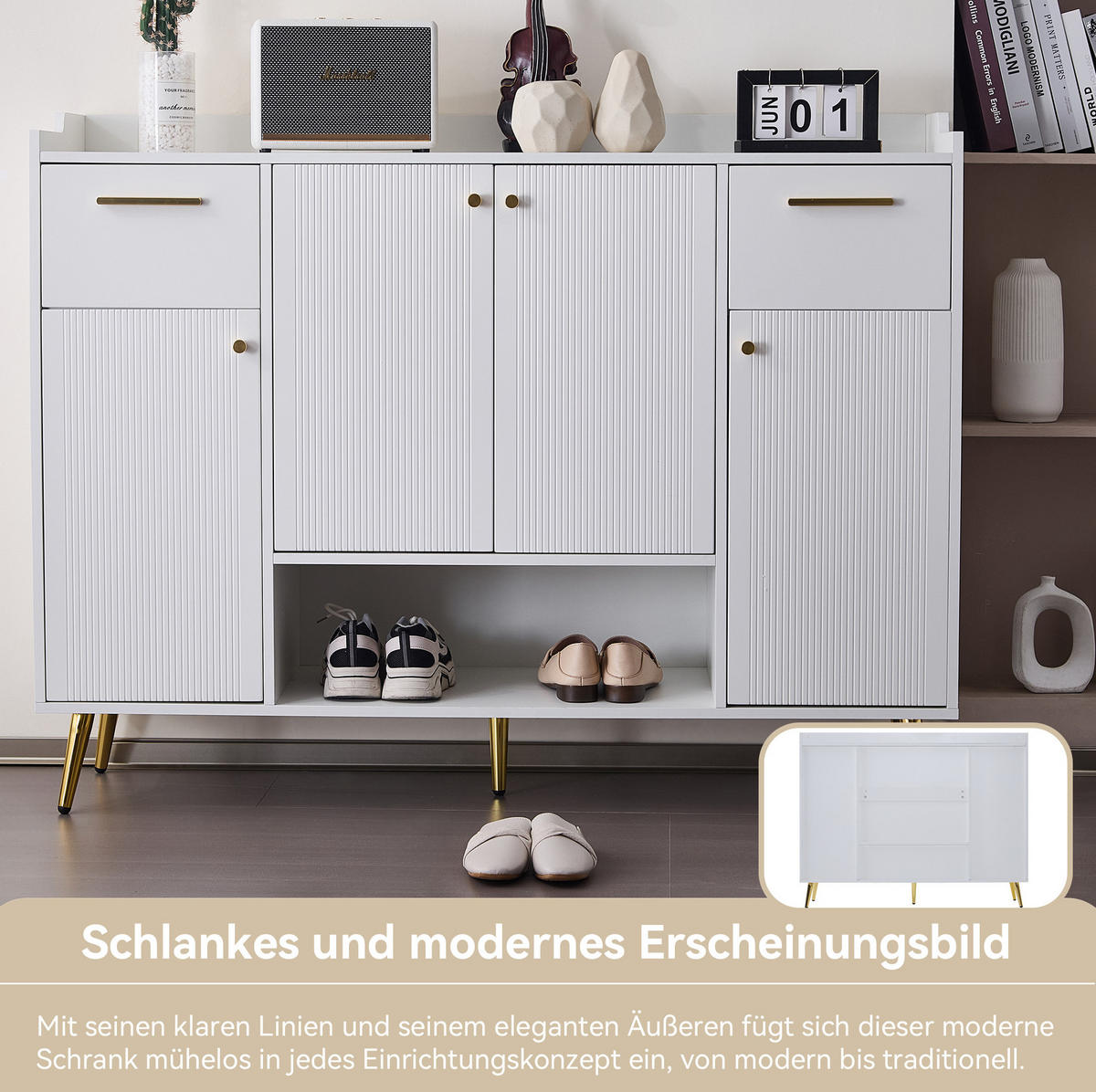 SCHUHSCHRANK 130/100/37 cm Weiß aus Spanplatte mit 2 Schubladen und 4 Türen - Weiß, Holzwerkstoff (130/100/37cm) - OKMYHOME