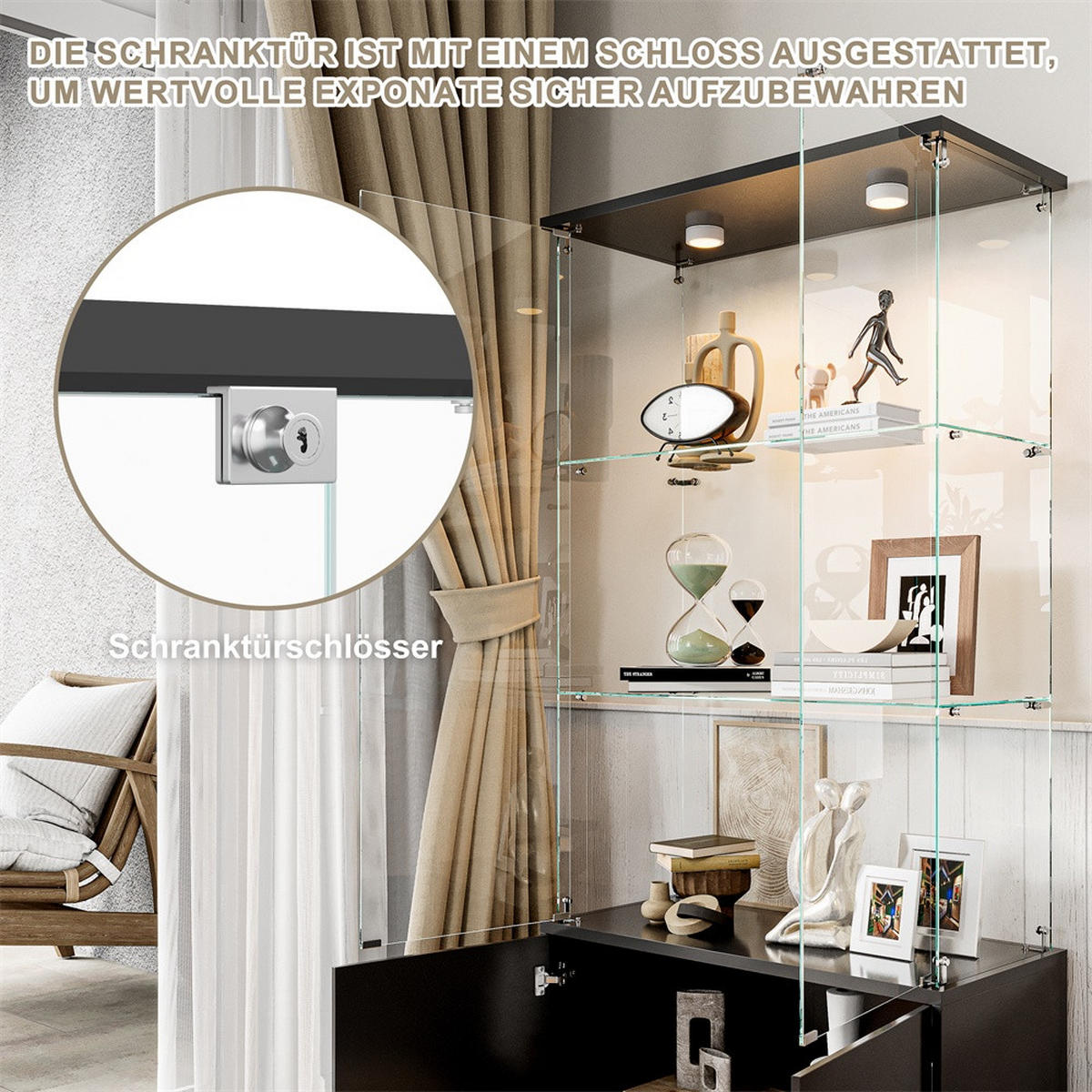 VITRINE - Glasvitrine mit Cabinet-Unterbau - 4 Türen und 3 Ebenen - integrierte LED-Spot-Beleuchtung - Schwarz - Schwarz, Glas (78.51/164/35cm) - DELFA