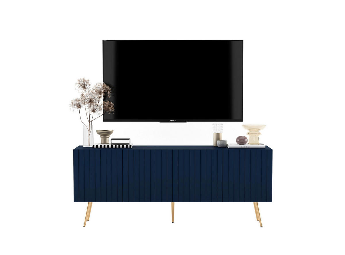 TV-SCHRANK Elpis Marineblau Matt mit goldenen Metallbeine Glamour 150 cm - Blau/Goldfarben, Holzwerkstoff/Metall (150/60.5/36.5cm) - Meble Lindner