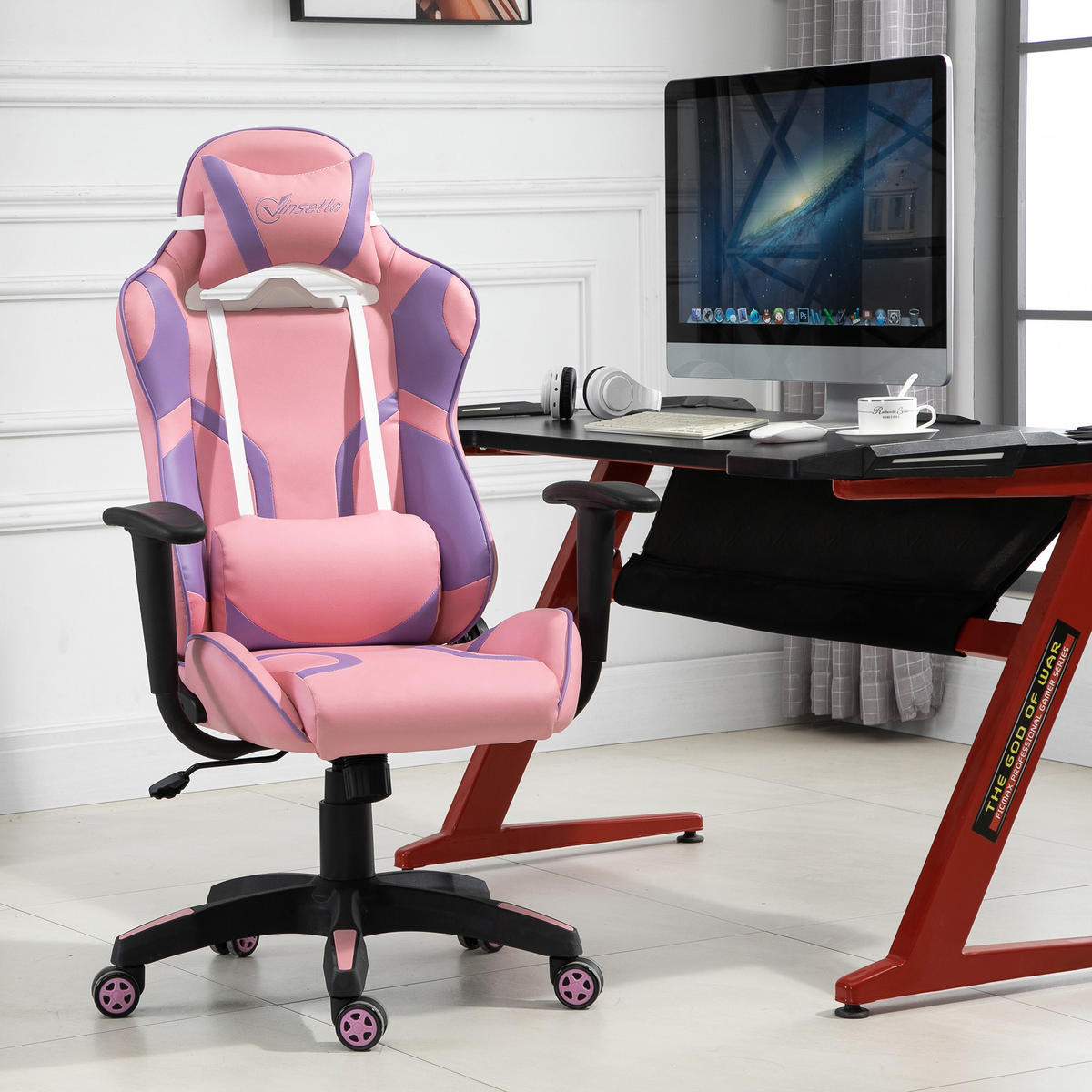 GAMING Stuhl, Bürostuhl, Rosa&Violett - Rosa, Leder (56/125.5/69cm) - Vinsetto