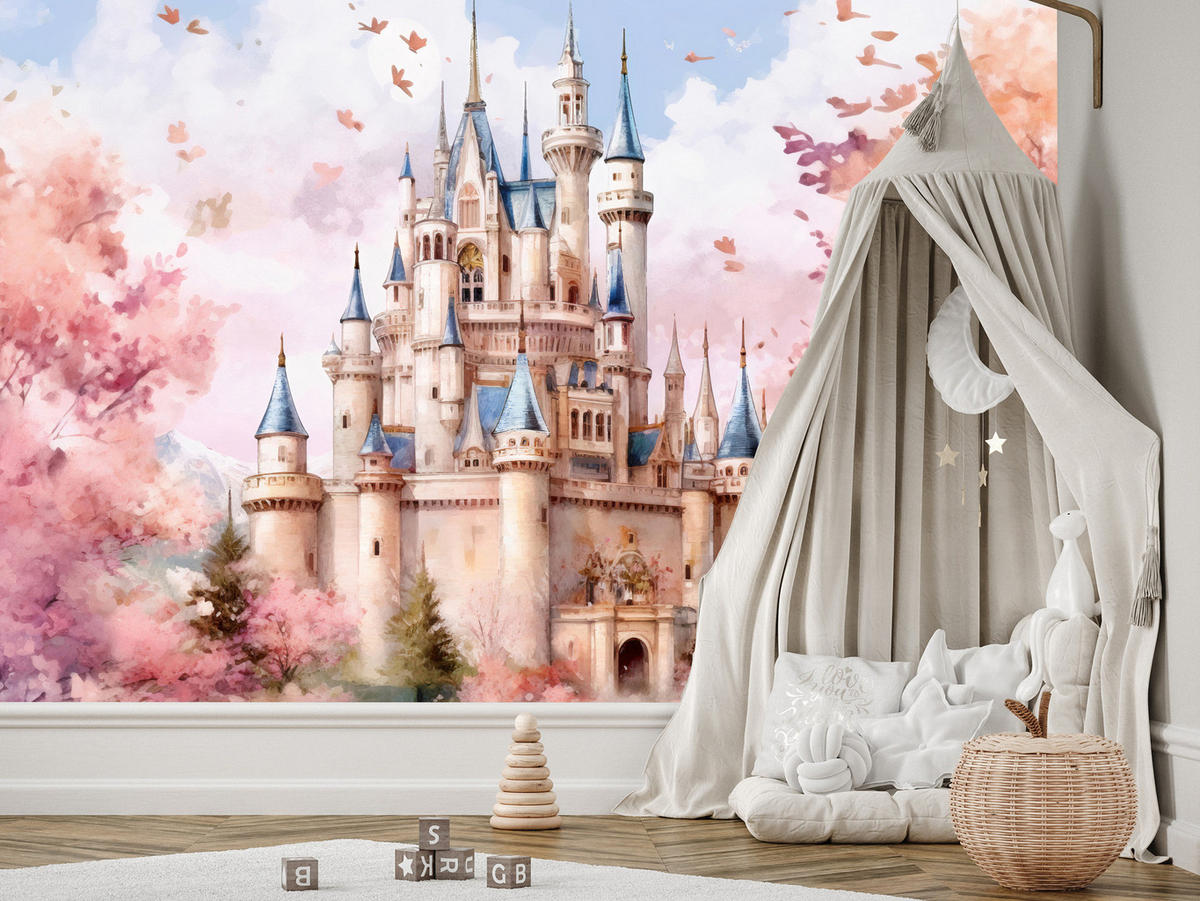 FOTOTAPETE für Kinderzimmer Märchenschloss Aquarell 300x210 - Blau/Violett, Papier (300/210cm) - Muralo