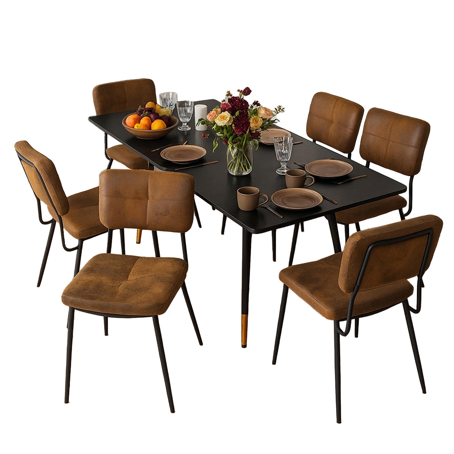 STÜHLE aus 6 Wildlederimitat + Ausziehbarer Esstisch Schwarz mit goldenen Beinen - Multicolor/Schwarz, Metall (45/82/43cm) - Meubles Cosy