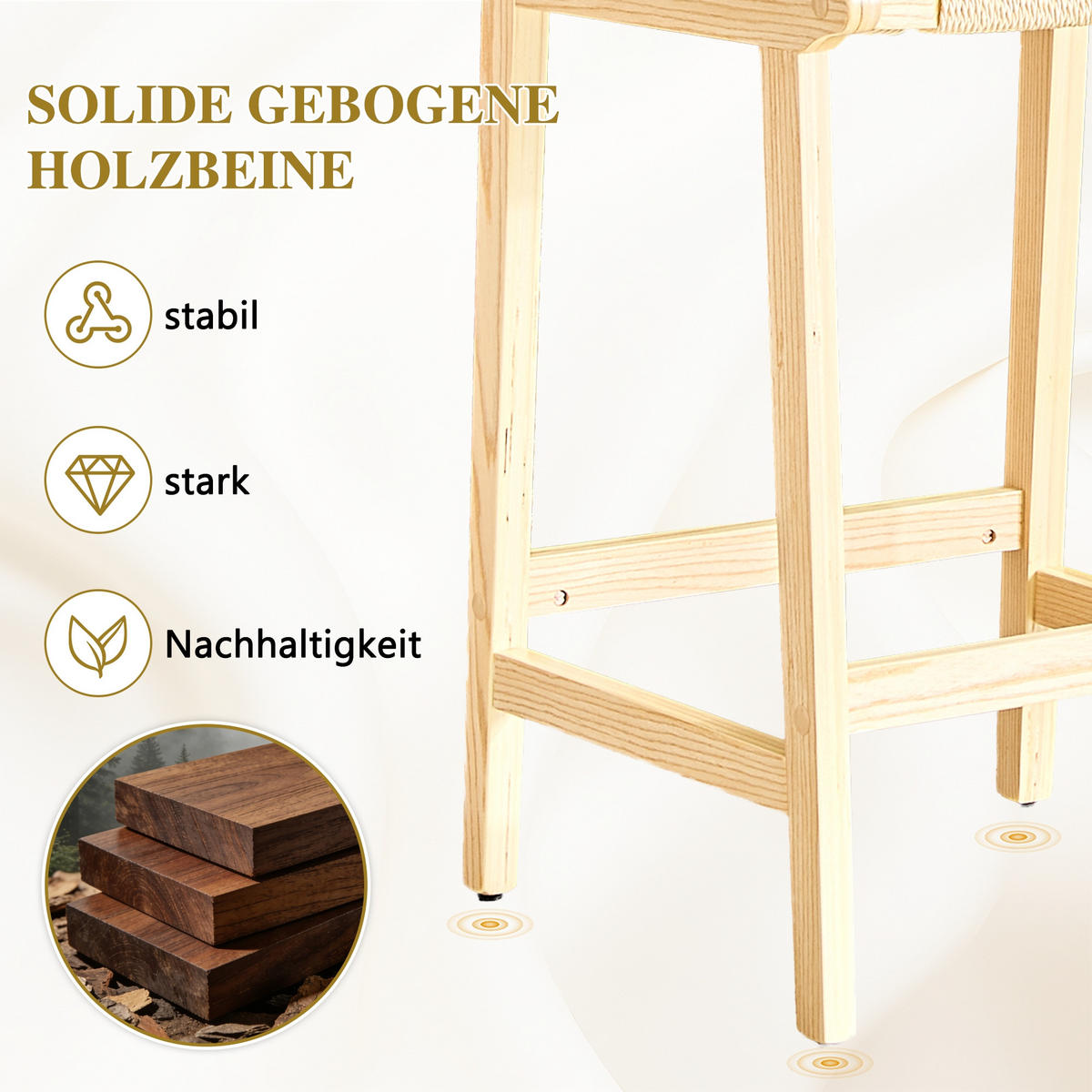 BARHOCKER 2er-Set Natur aus Massivholz mit handgewebtem Seilgeflecht und Rückenlehne - Naturfarben, Holz (44/89/42cm) - PANGIVO
