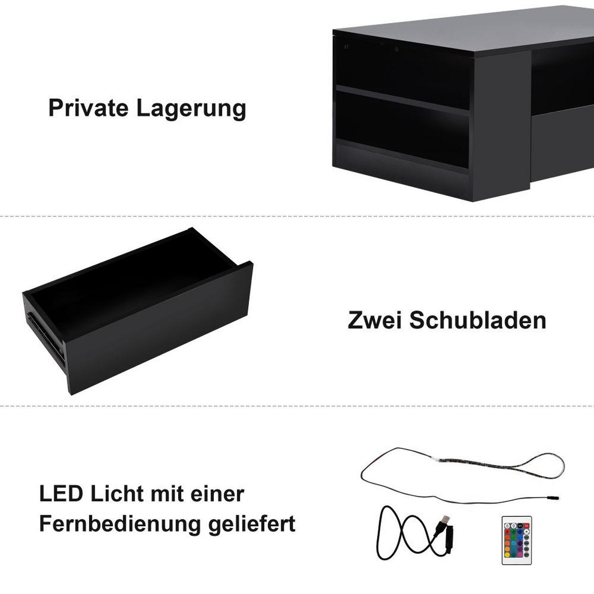 COUCHTISCH mit 2 Schubladen und 2 Regalfächer, Schwarz - Schwarz, Holz (95/95/37cm) - KOMHTOM