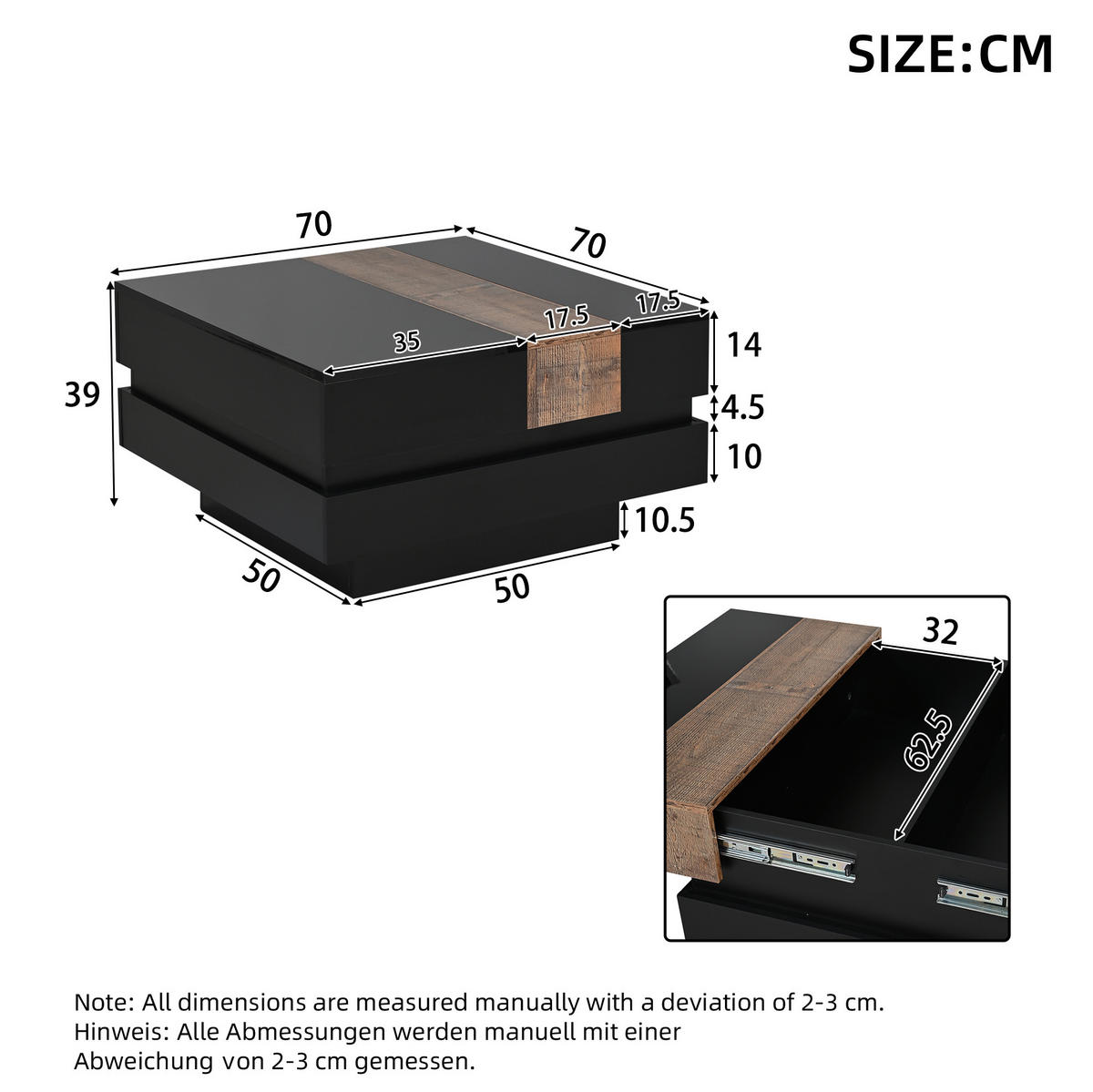 COUCHTISCH mit ausziehbarer Platte & Stauraum, MDF/PB, Schwarz-Holz Optik, Hochglanz, 70/70/39 cm,Schwarz - Schwarz, Holzwerkstoff (70/70/39cm) - Redom
