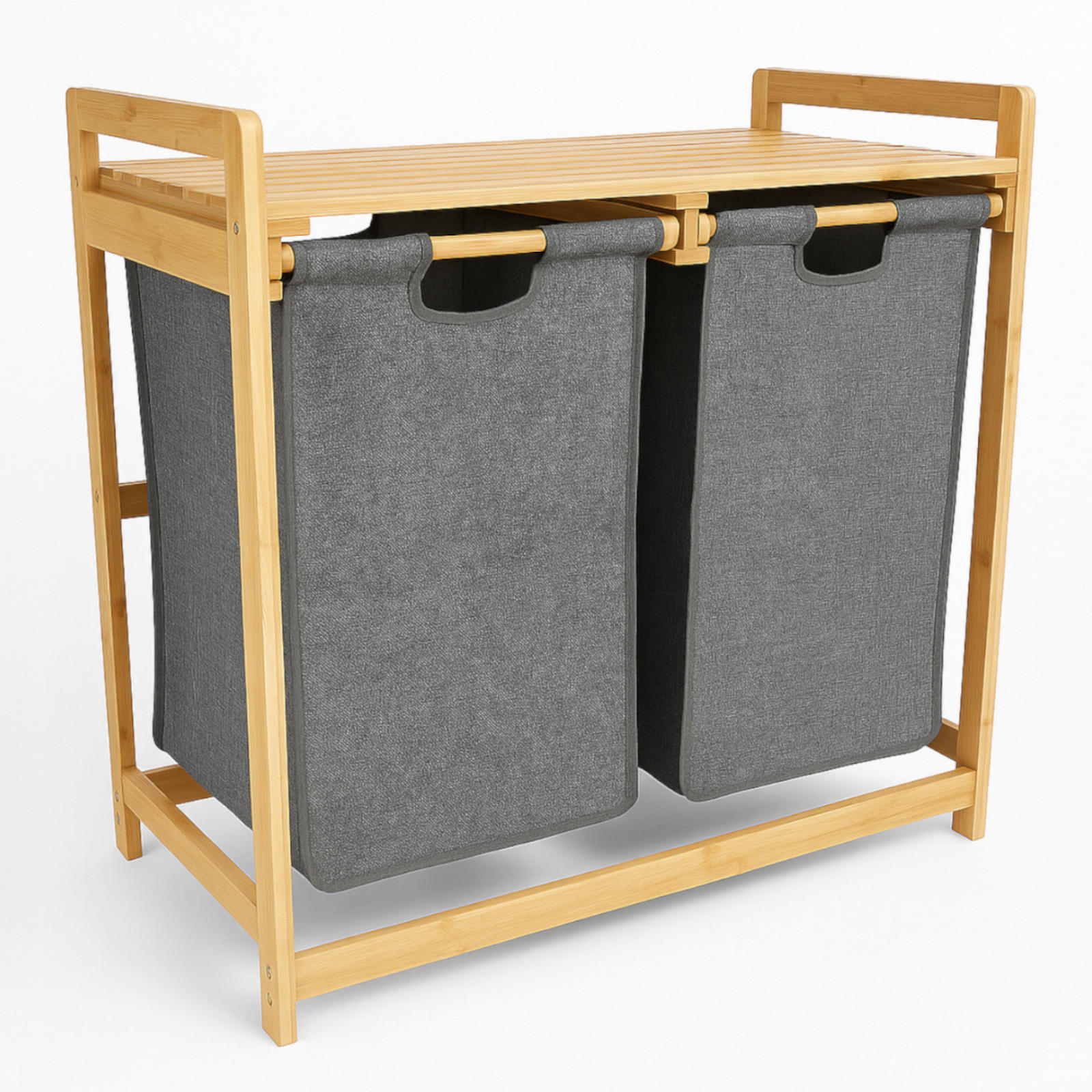 WÄSCHEKORB Bambus Textil Dunkelgrau Naturfarben 2 Kammern 70x35x68 cm - Dunkelgrau/Naturfarben, Holz/Textil (70/68/36.5cm) - Begryf