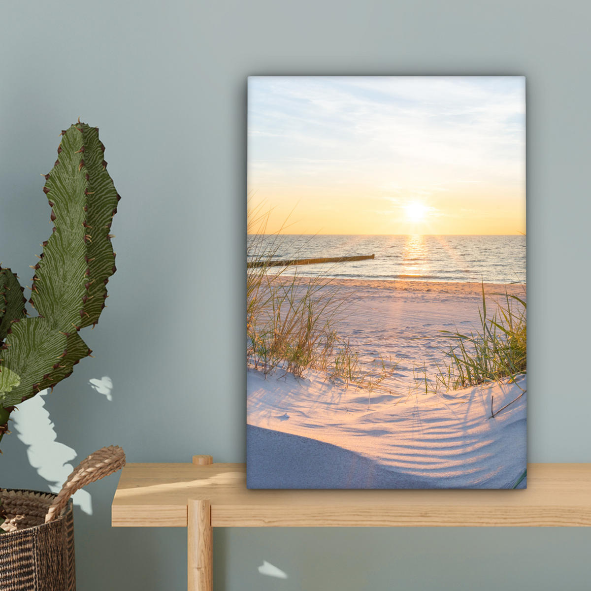 LEINWANDBILD Strand - Sonne - Düne - Gras - Sand - Horizont Deko Wohnzimmer 20x30 cm - Hellblau, Textil (20/30cm) - MuchoWow