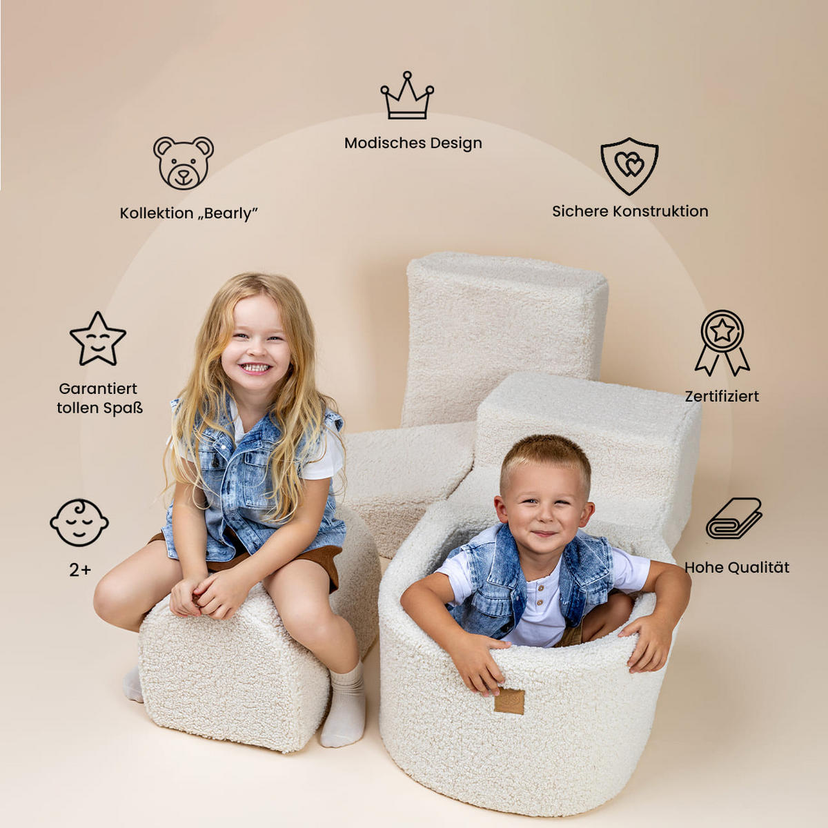 BÄLLEBAD klein mit Schaumstoff Bausteinen, Bearly, Creme - Koralle/Silberfarben, Textil (250/45/30cm) - MeowBaby