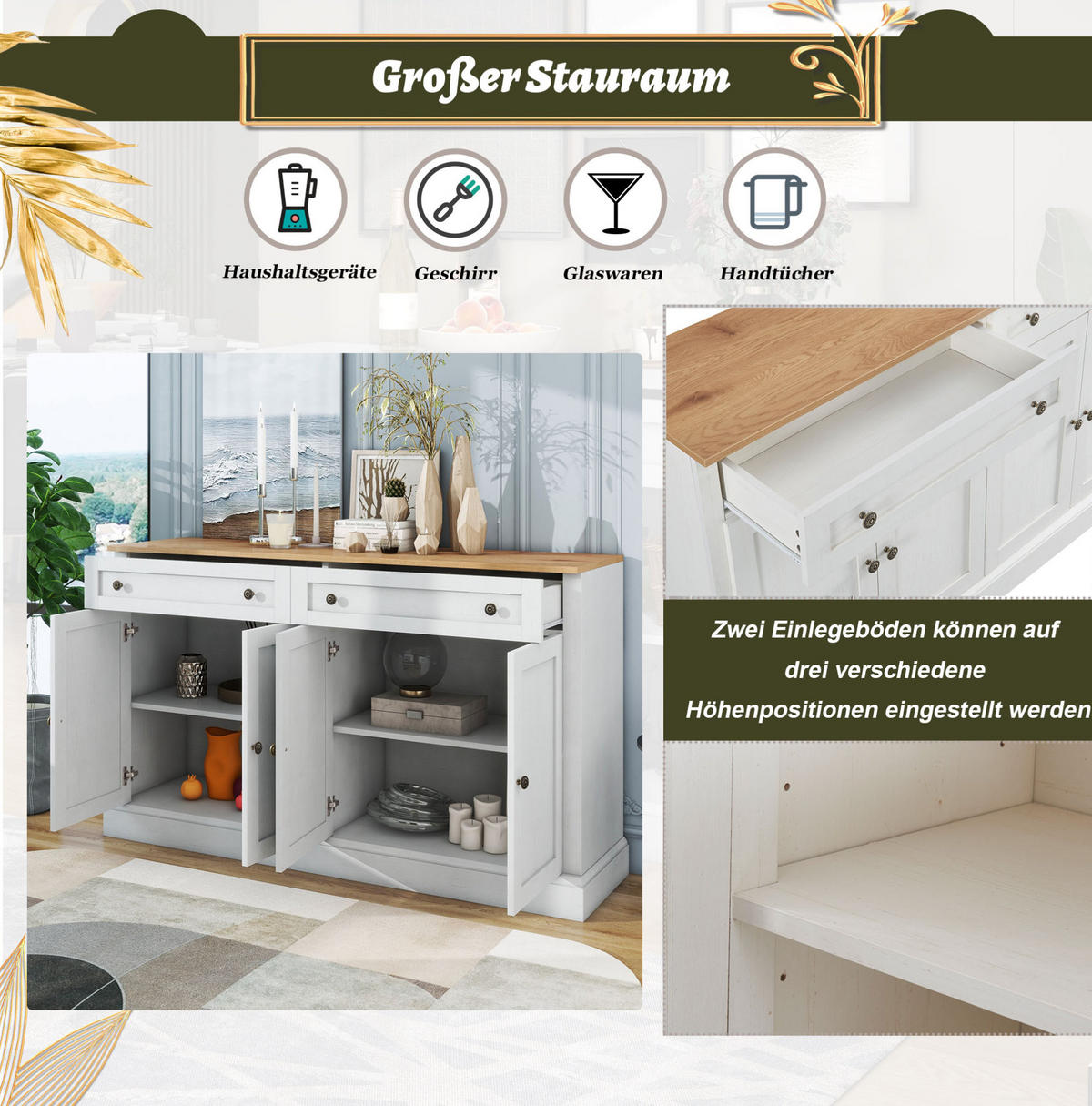 SIDEBOARD 150/40/86 cm Weiß/Naturholz aus Spanplatte mit 4 Türen und 2 Schubladen - Naturfarben, Holzwerkstoff (40/86/150cm) - OKMYHOME