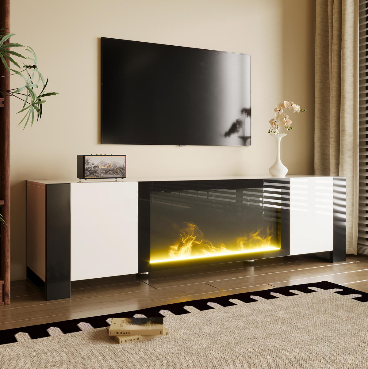 TV-LOWBOARD 165/32/55 cm mit Elektrokamin und Push-to-Open - Schwarz, Holzwerkstoff (165/55/32cm) - BEAOK