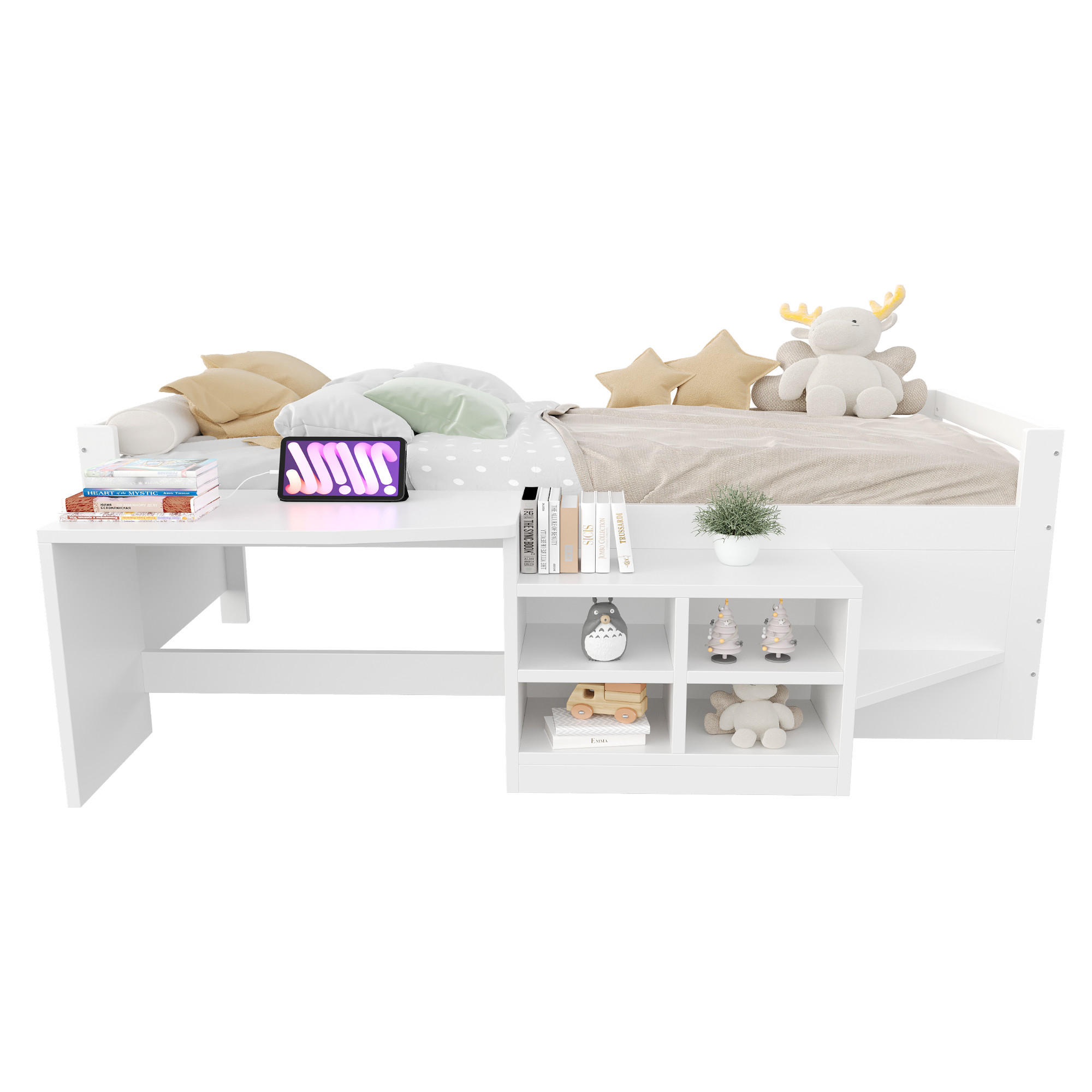 CHICFURN VYVÝŠENÁ POSTEL 90/200 cm v bílé barvě s psacím stolem, úložnými skříňkami a USB