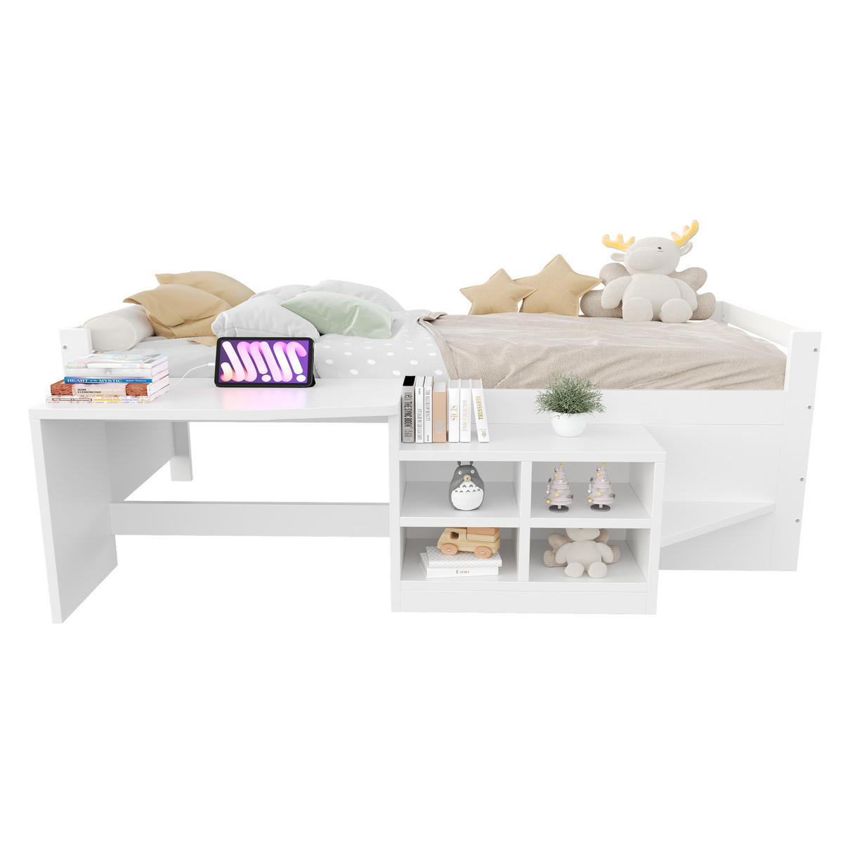 EINZELBETT 90/200 cm mit Staufächern und Schreibtisch in Weiß - Weiß, Holz (90/200cm) - OKWISH