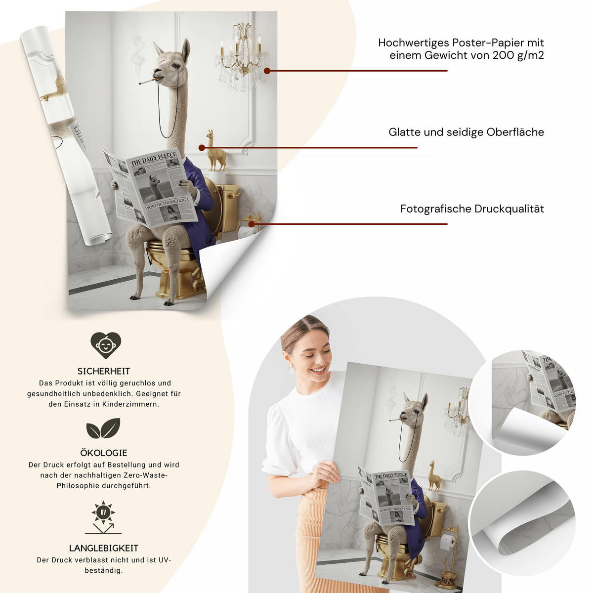 POSTER für WC Badezimmer LAMA mit Zeitung auf Toilette Abstraktion Glamour 20x30cm - Beige/Schwarz, Papier (20/30/30cm) - Muralo