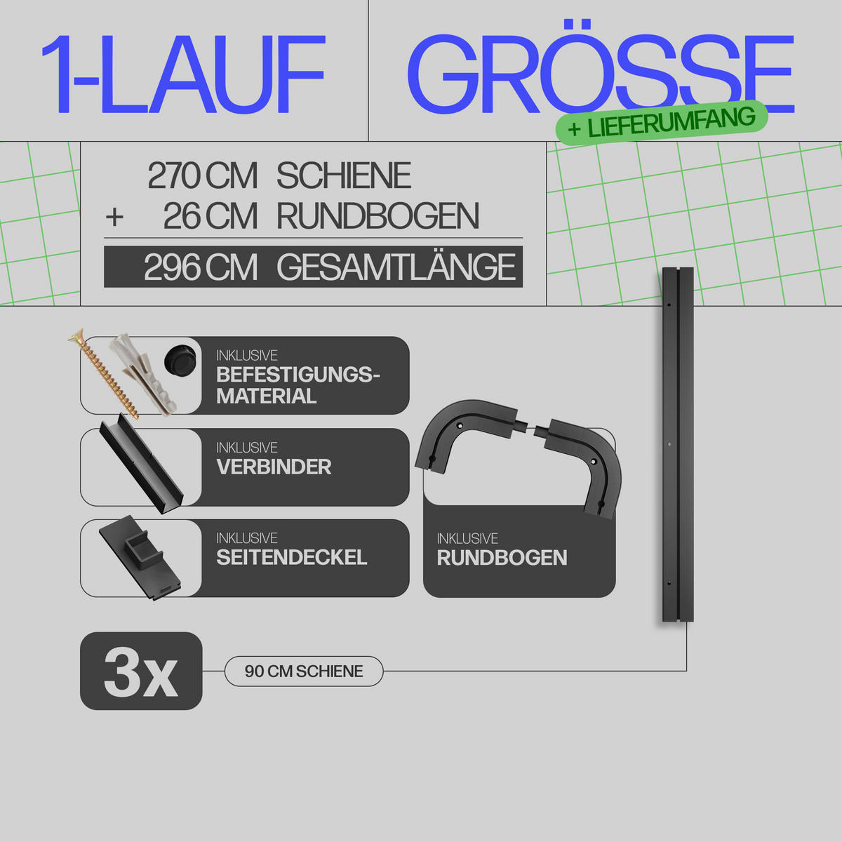GARDINENSCHIENE inkl. Rundbögen 270cm (3x90cm) 1-läufig - Schwarz, Kunststoff (6/1.8/270cm)