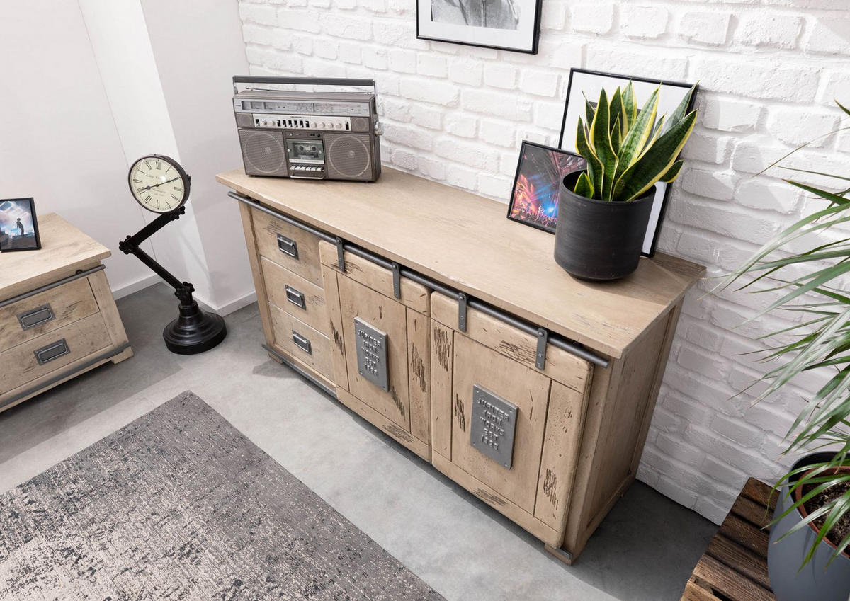 SIDEBOARD Mango 150x45x80 whitewash lackiert RAILWAY #300 - Beige, Holz (150/80/45cm) - Massivmoebel24