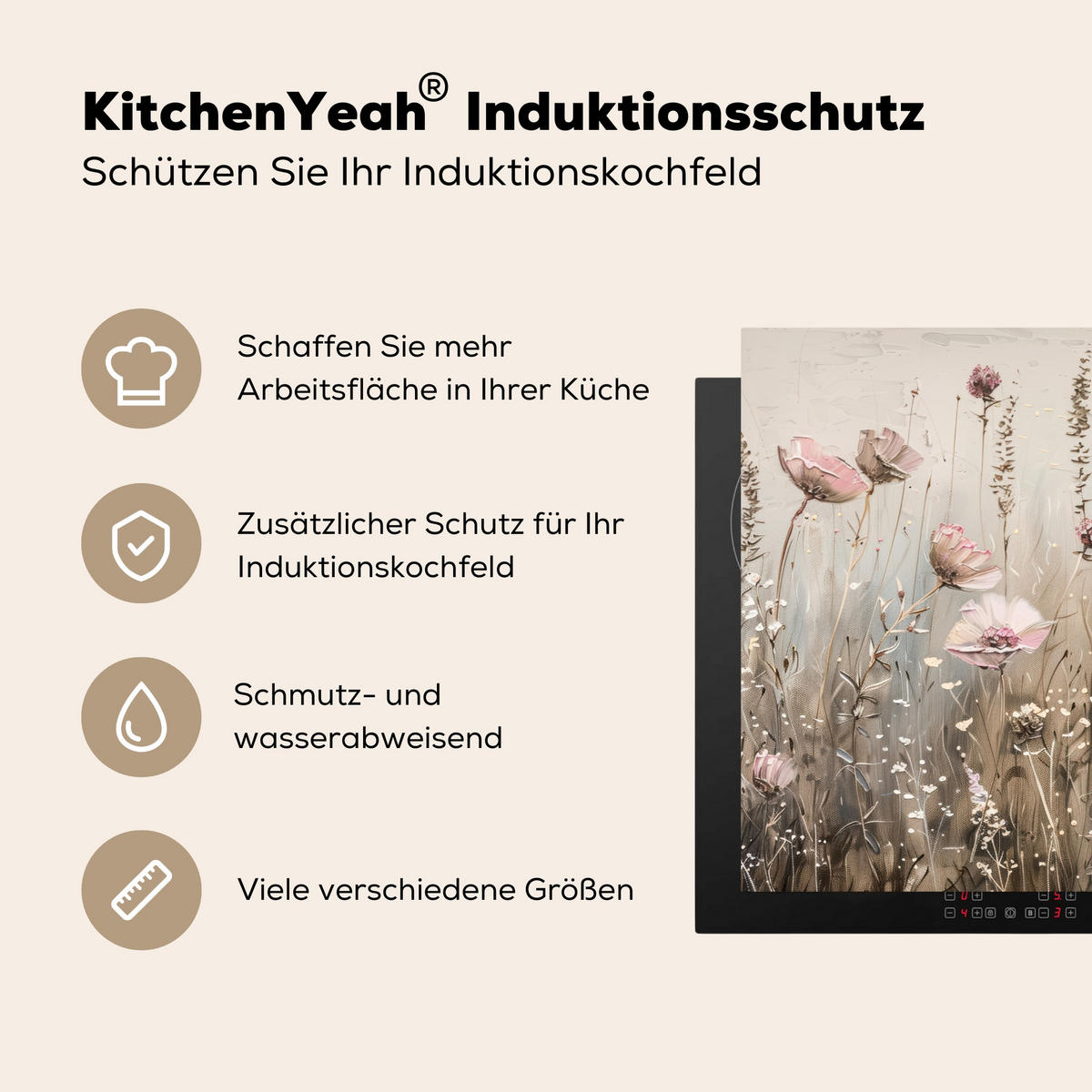 HERDABDECKPLATTE Blumen - Beige - Trockenblumen 70x52 cm - Beige, Kunststoff (70/52/0.2cm) - MuchoWow