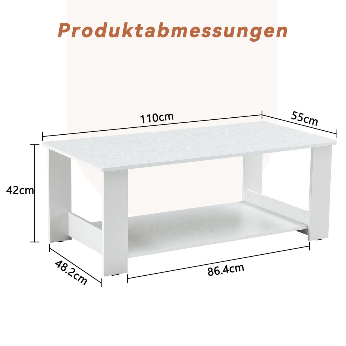 COUCHTISCH 110/55/42 cm Weiß mit Ablage aus MDF in Holzoptik - Weiß, Holzwerkstoff (110/55/42cm) - OKWISH