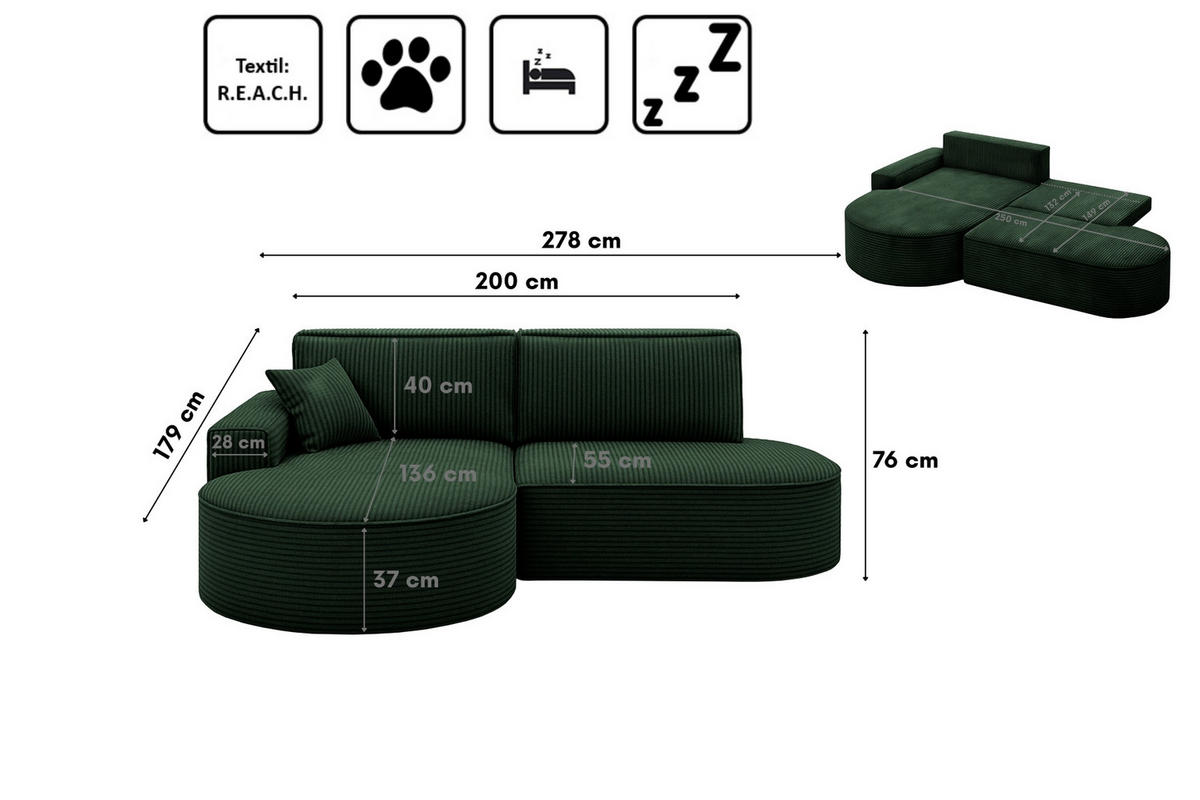 ECKSOFA Modena Pro - Komfort Und Stil Stoff Poso Grün Links - Grün, Holz (179/278cm) - Kaiser Möbel