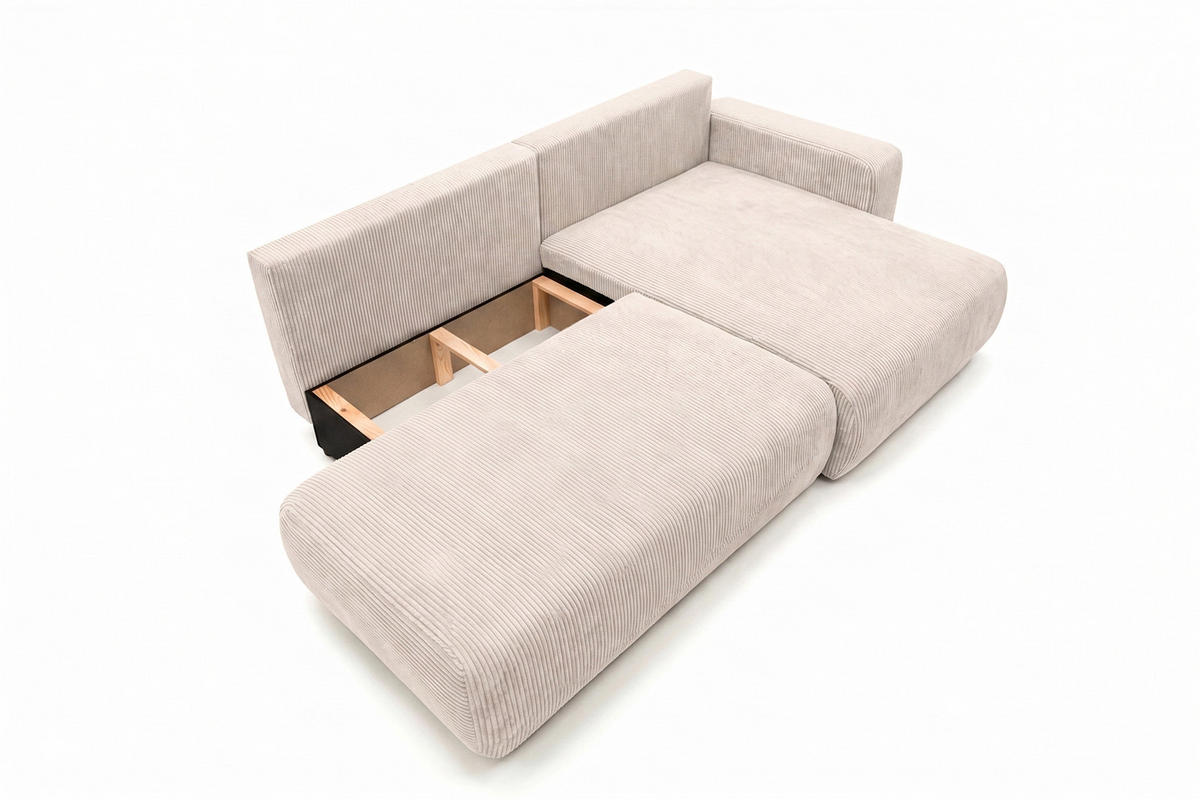 ECKSOFA Mit Schlaffunktion Und Bettkasten, Cordstoff Poso, Beige, Rechts, OPEN XL - Creme, Holz (262/145cm) - Kaiser Möbel