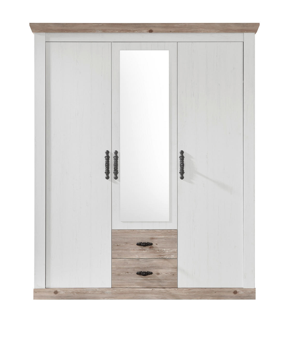 KLEIDERSCHRANK Pinie weiß, Oslo Pinie Landhaus, Drehtürenschrank 3-türig mit Spiegel, 169 x 201 cm - Anthrazit/Weiß, Holzwerkstoff/Metall (169/201/60cm) - Furn.Design