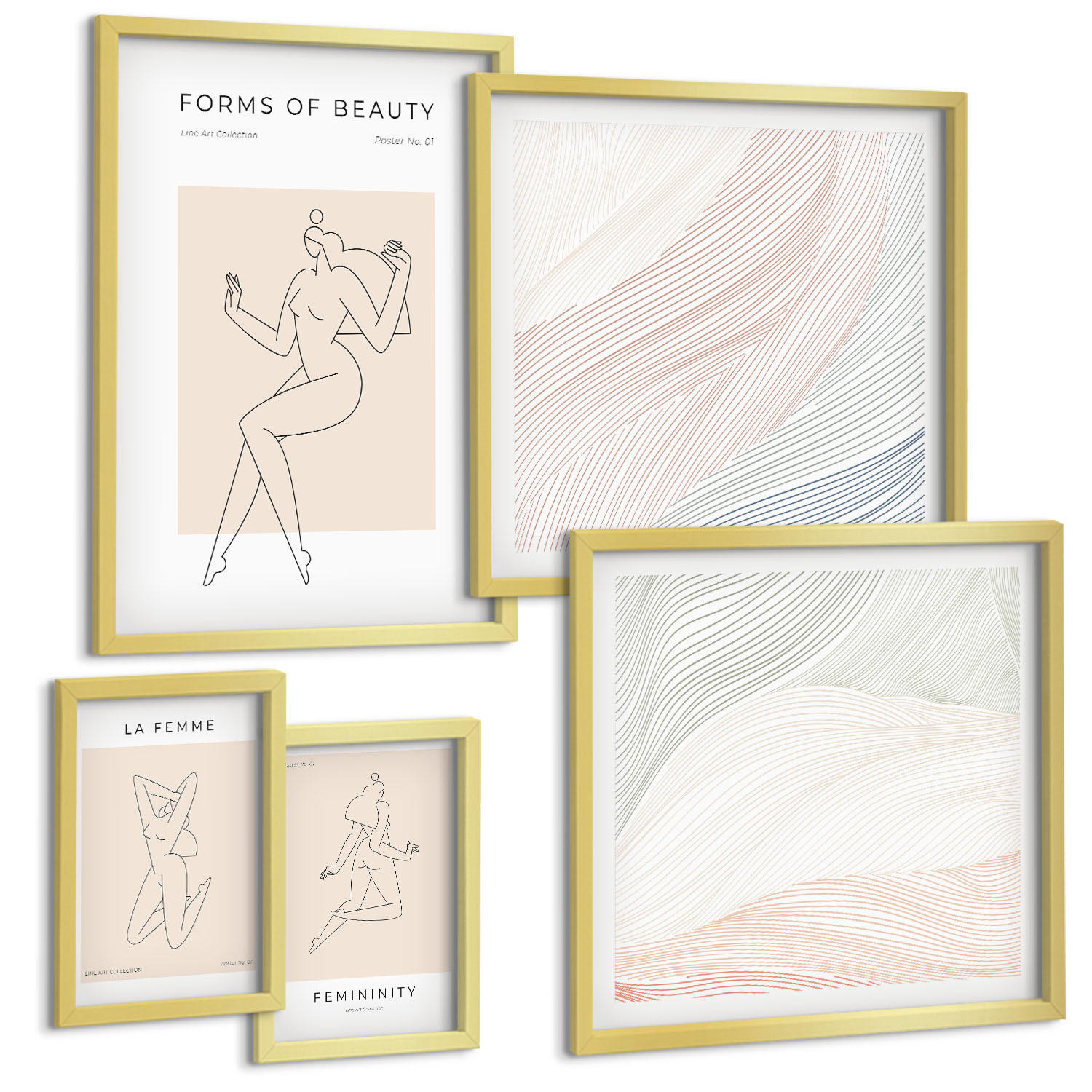 BILDER SET 5er Set - 50x50 cm & 20x30 cm & 40x60 cm Goldrahmen - Weibliche Silhouetten auf Plakaten - Goldfarben, Kunststoff (40/60cm) - TULUP
