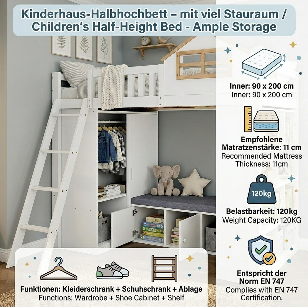 HOCHBETT aus Kiefer 90x200 cm Weiß/Natur mit Kleiderschrank, Regal und Sitzbank mit Stauraum - Weiß, Holz (90/200cm) - Modfu