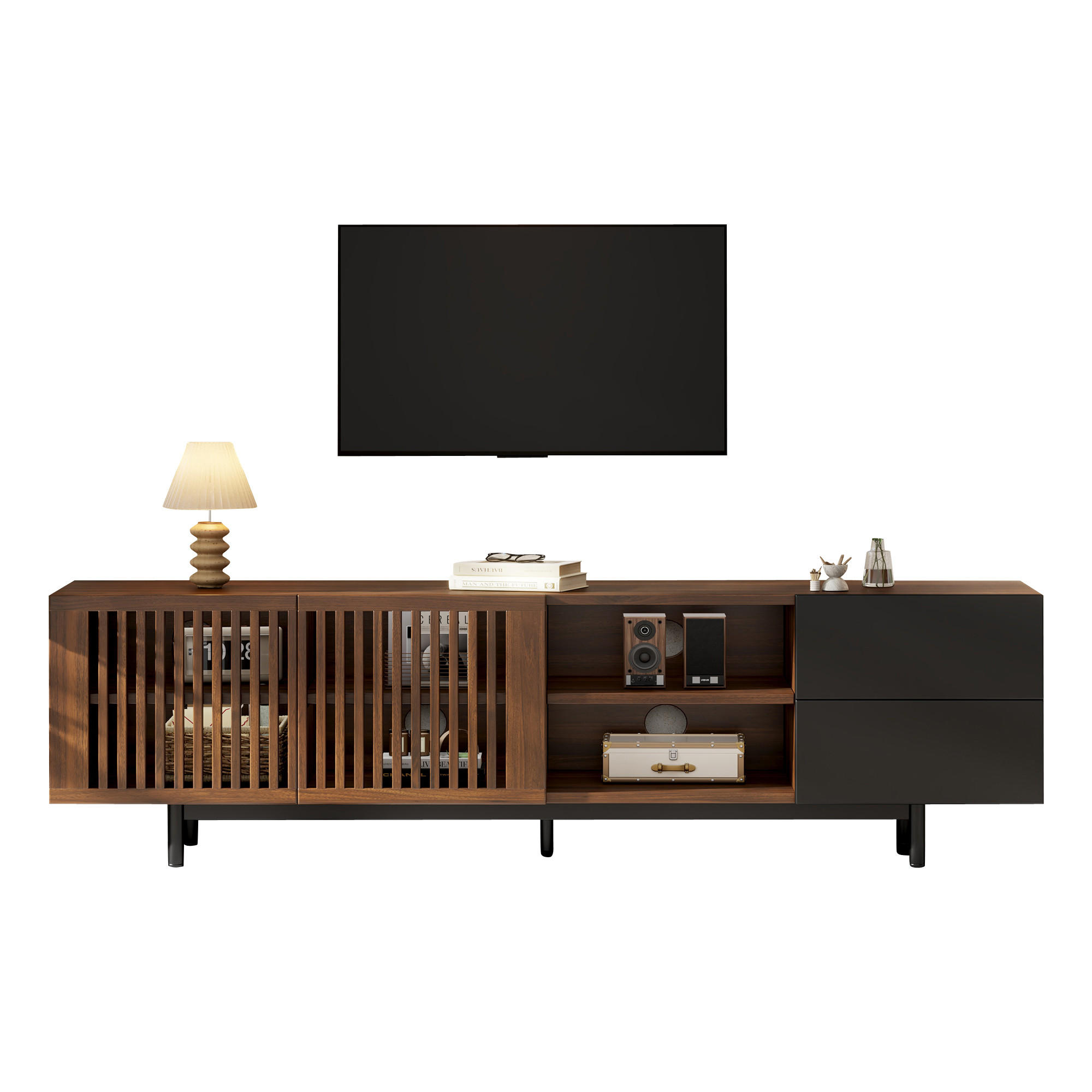 Flieks Tv-Lowboard Walnuss, Schwarz 160x50x38 cm