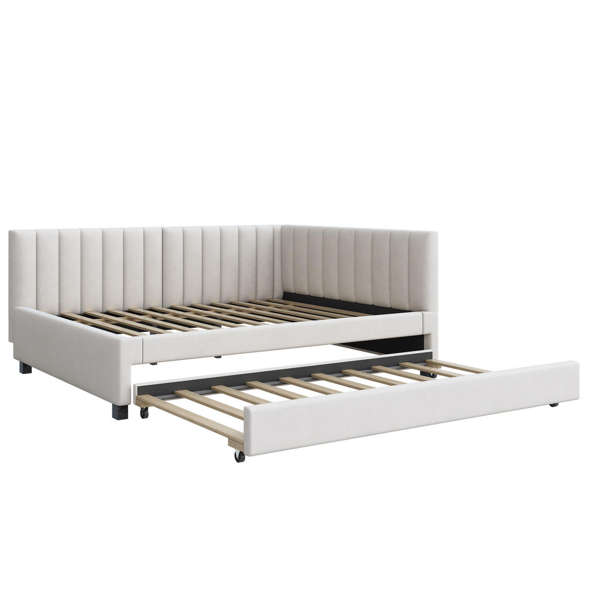 POLSTERBETT 140/200 cm aus Samt mit ausziehbarem Unterbett Beige - Beige, Leder (140/200cm) - Modenvie