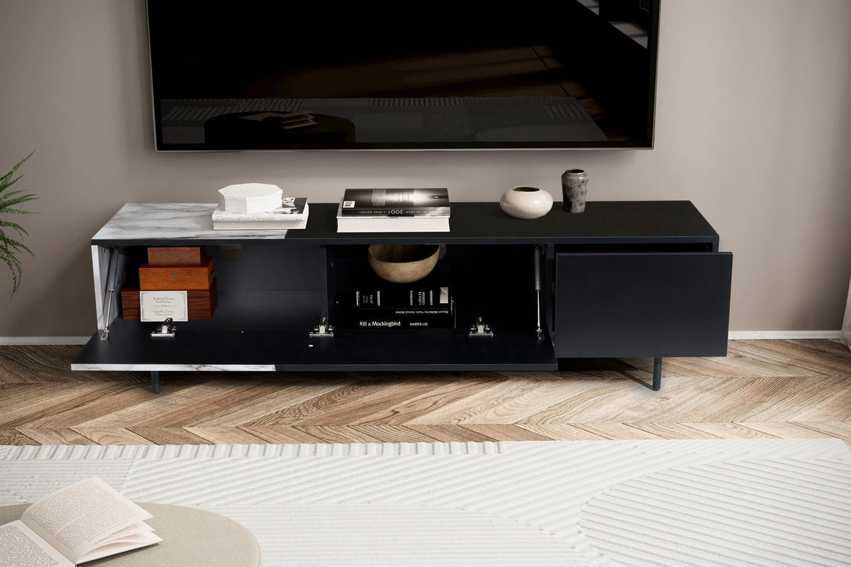 TV-LOWBOARD mit Eiche-Dekor, Türen und Schublade, modern, Weiß-Schwarz 150x40x40 cm - Schwarz/Weiß, Holzwerkstoff/Metall (150/40/40cm) - KADIMA DESIGN