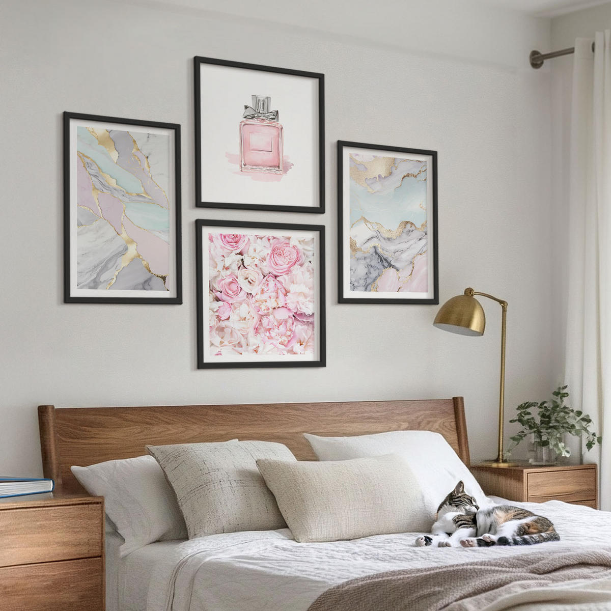 WANDBILDER 4er-Set - 50x50 cm & 40x60 cm Schwarzer Rahmen - Rosa Blumen Marmor Pastell - Schwarz, Kunststoff (50/50cm) - ArtPrintCave