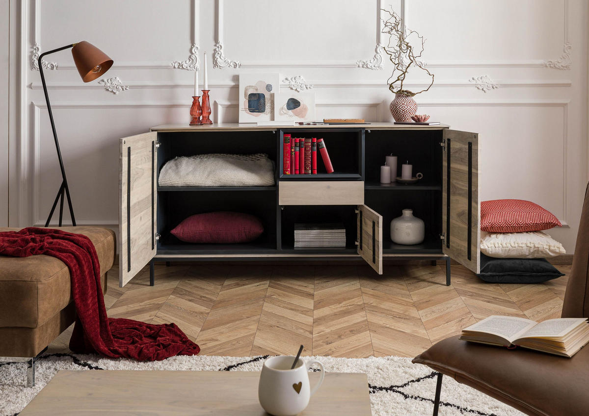 SIDEBOARD Akazie 160x45x85 grau-weiß geölt CHICAGO #04 - Braun, Holz (160/85/45cm) - Massivmoebel24