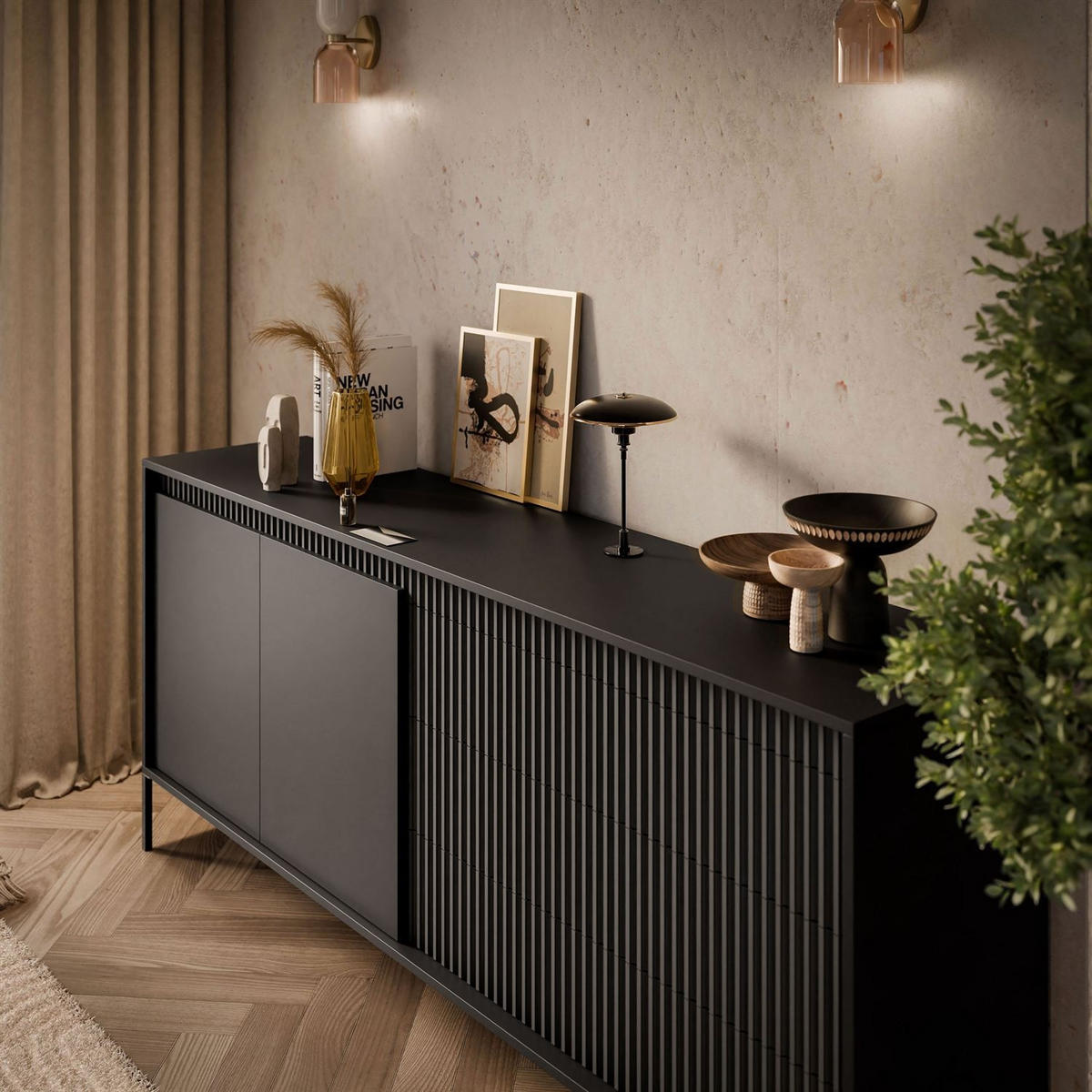 KOMMODE YASUMI 153 2D3S mit Schubladen schwarz matt - Schwarz, Holzwerkstoff (153.5/81.4/39.4cm) - Lookway