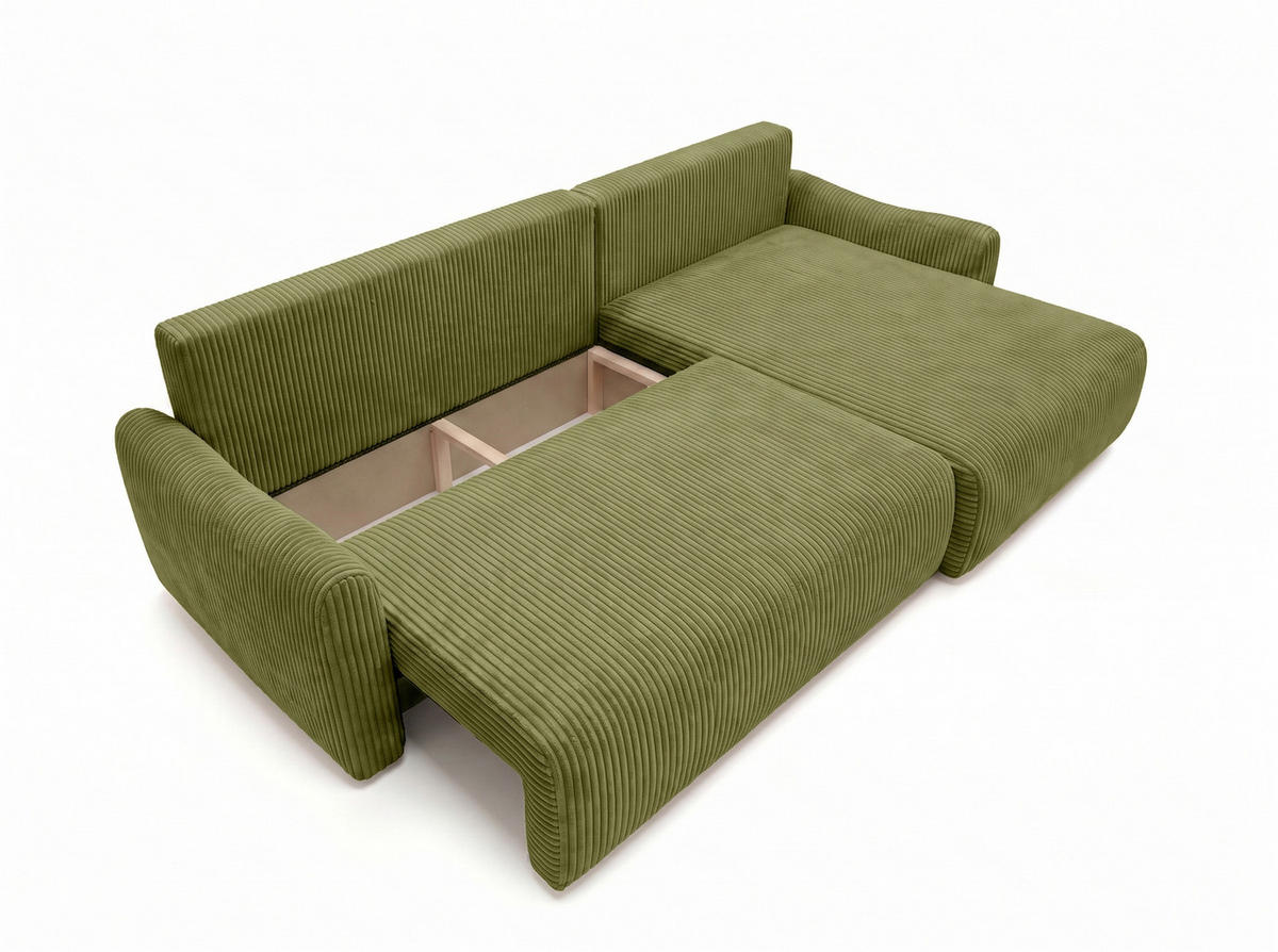 ECKSOFA Mit Schlaffunktion, Cordstoff Poso, Olive, Rechts, JAPANDI - Olivgrün, Holz (262/145cm) - Kaiser Möbel