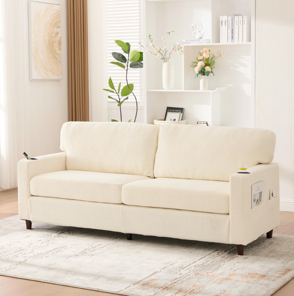 SOFA 2-Sitzer mit USB-C Anschluss & LED-Beleuchtung Chenille Beige 203/77,5/86 cm - Beige, Textil (203/86/77.5cm) - OKWISH