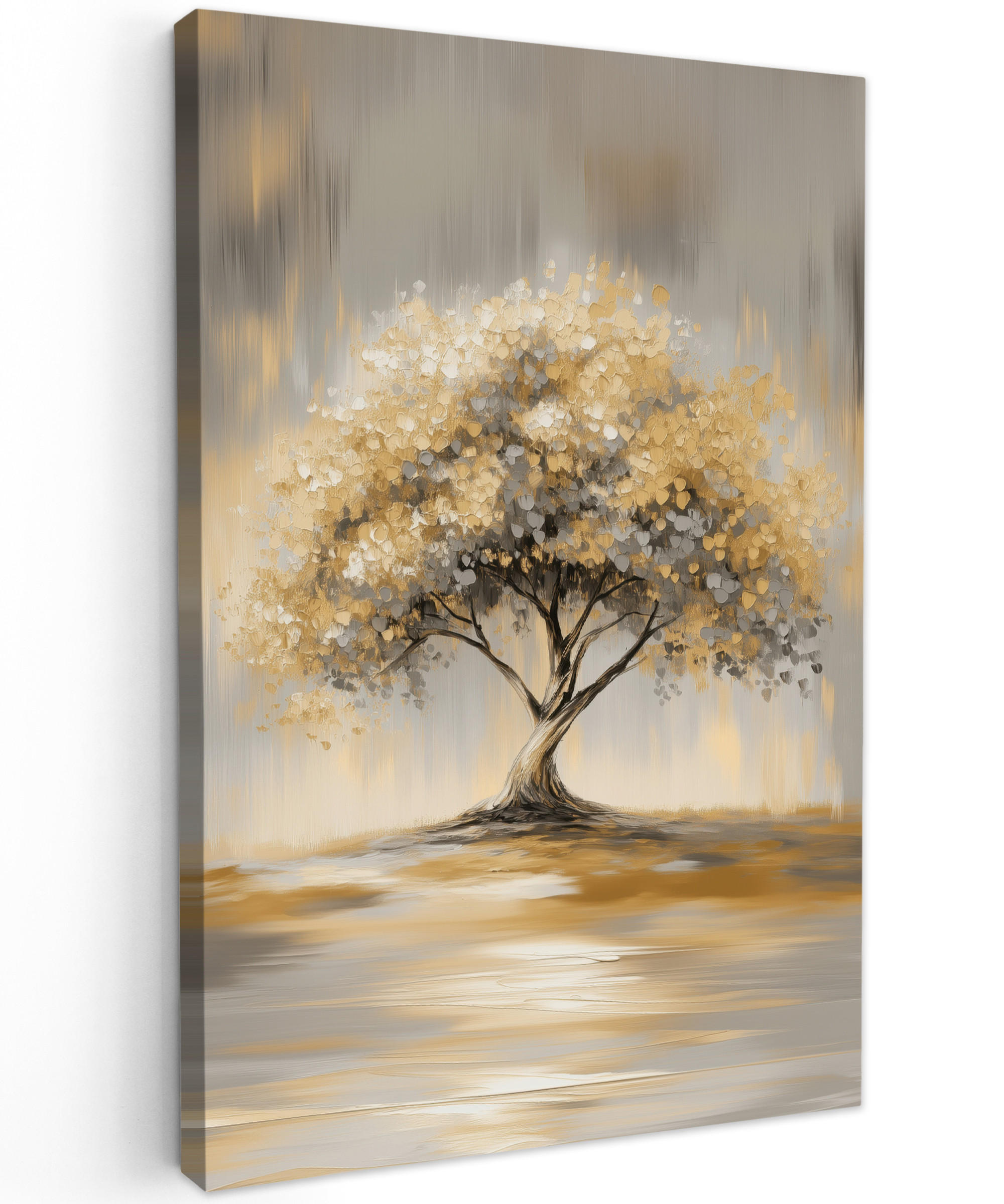 LEINWANDBILD Gemälde - Baum - Abstrakt - Blätter Deko Groß 90x140 cm - Beige, Textil (90/140cm) - MuchoWow