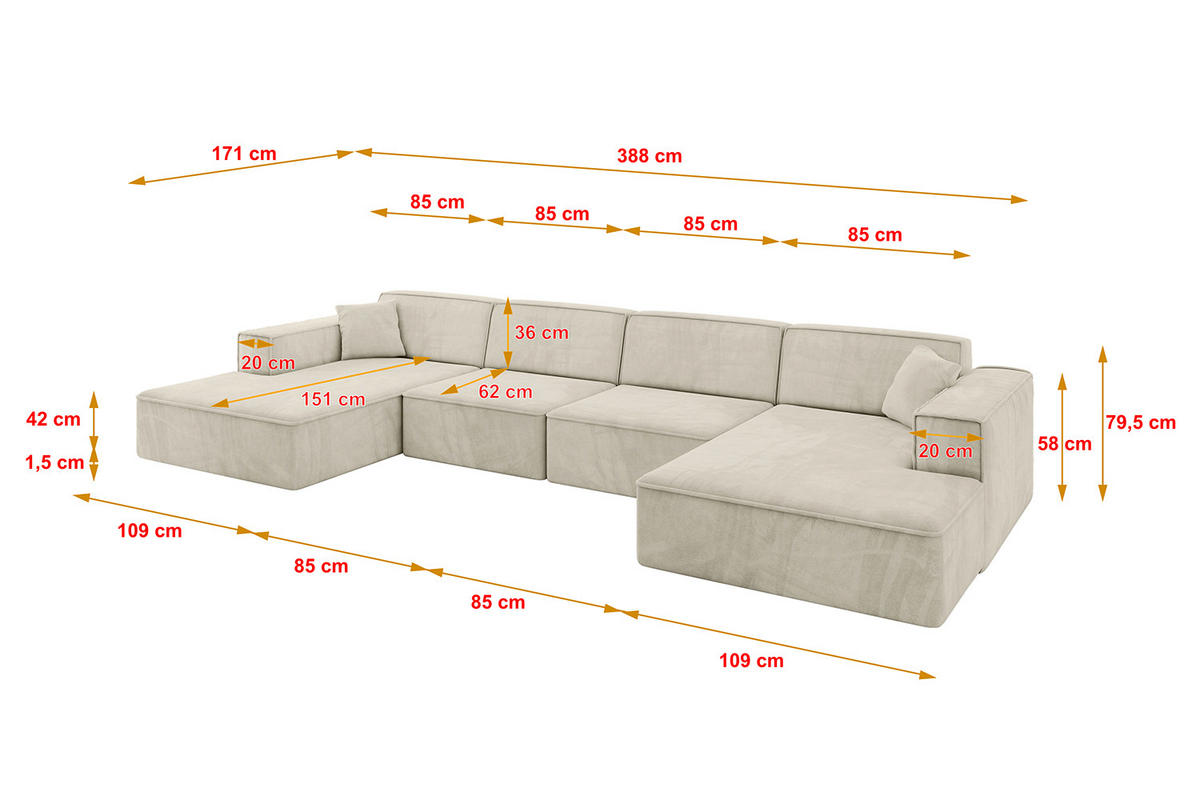 WOHNLANDSCHAFT IREA-U2-v4 - 388x171x79 cm Dunkelgrau - Ecru, Holzwerkstoff/Textil (388/79/171cm) - ALTDECOR
