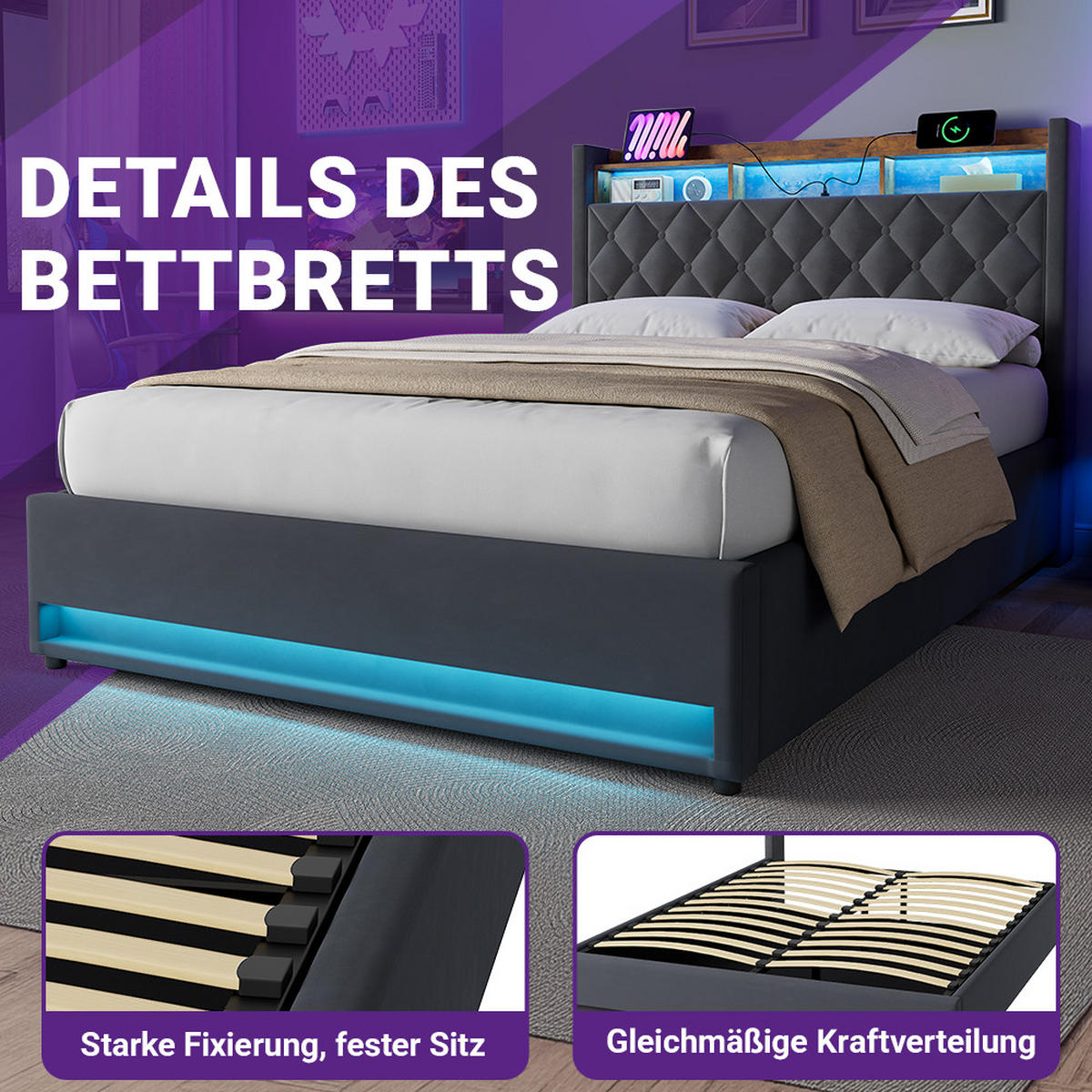 POLSTERBETT 160/200 cm mit Matratze und Bettkasten Boxspringbett mit Steckdose und LED-Licht, in Grau - Grau, Holzwerkstoff/Textil (160/200cm) - STILVORA