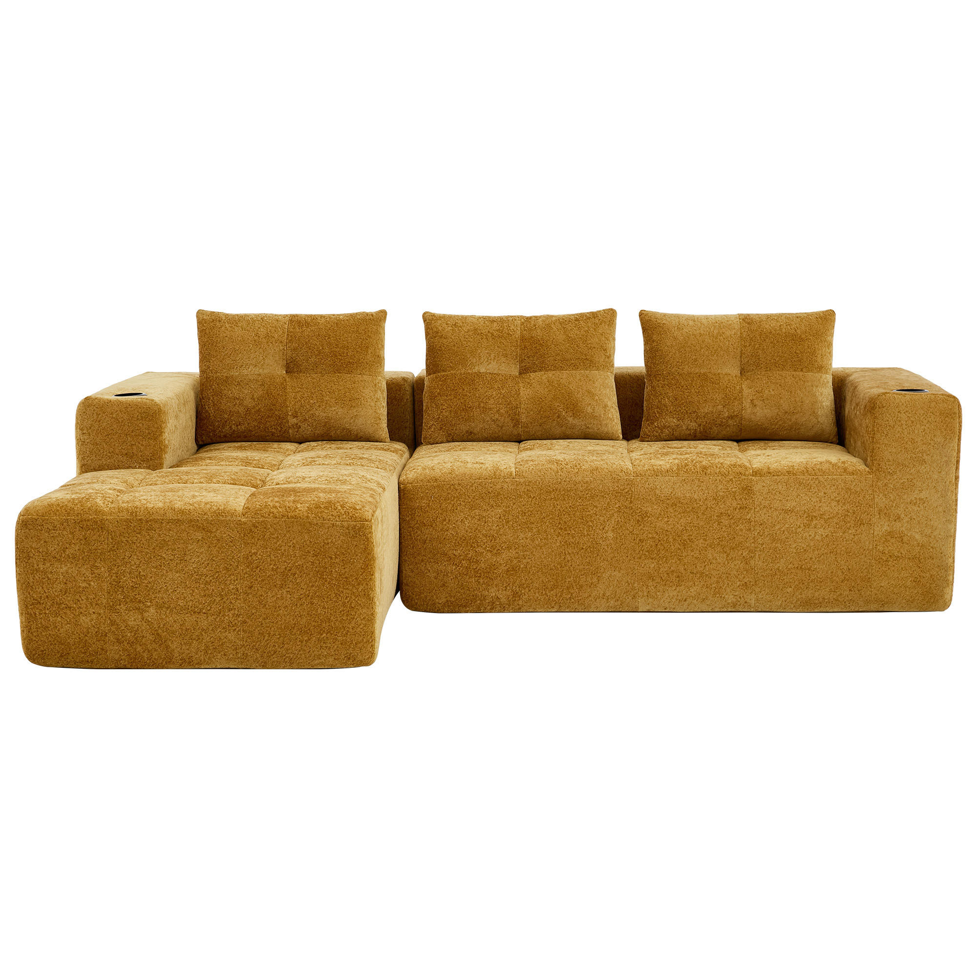 ECKSOFA chenille L-form mit getränkehaltern & 3 kissen - Gelb, Textil (258/163cm) - Urban Meuble