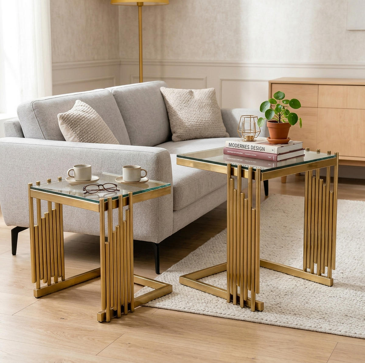 BEISTELLTISCH-SET aus Edelstahl 41x41x46 cm und gehärtetem Glas Gold/Klar, 2-teilig - Goldfarben, Metall (41/41/46cm) - IVMEU