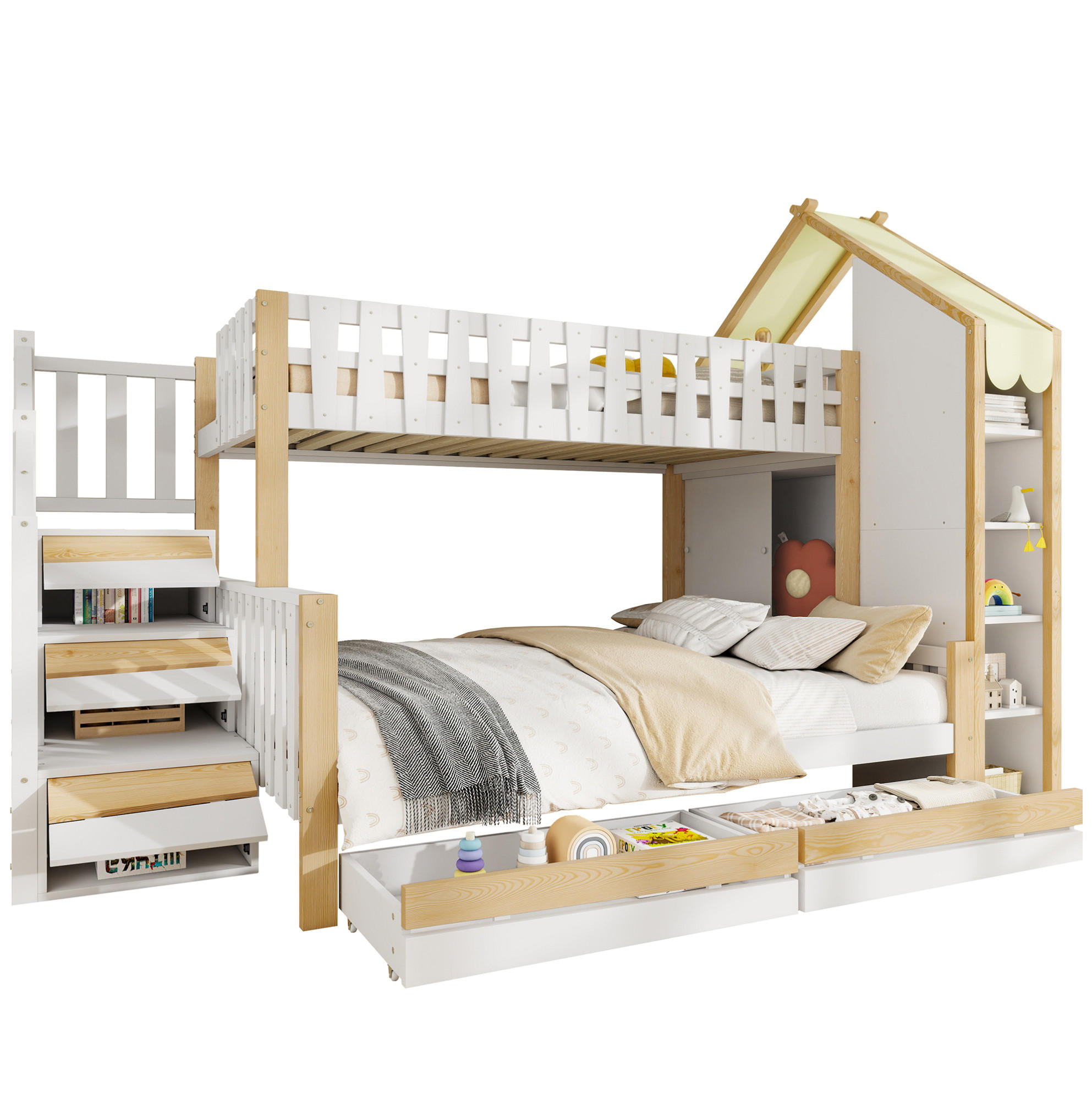 ETAGENBETT 90/200 + 140/200 cm mit Stauraumleiter, Hausdach und 2 Schubladen, Weiß/Natur - Weiß, Holz (90/200cm) - Redom