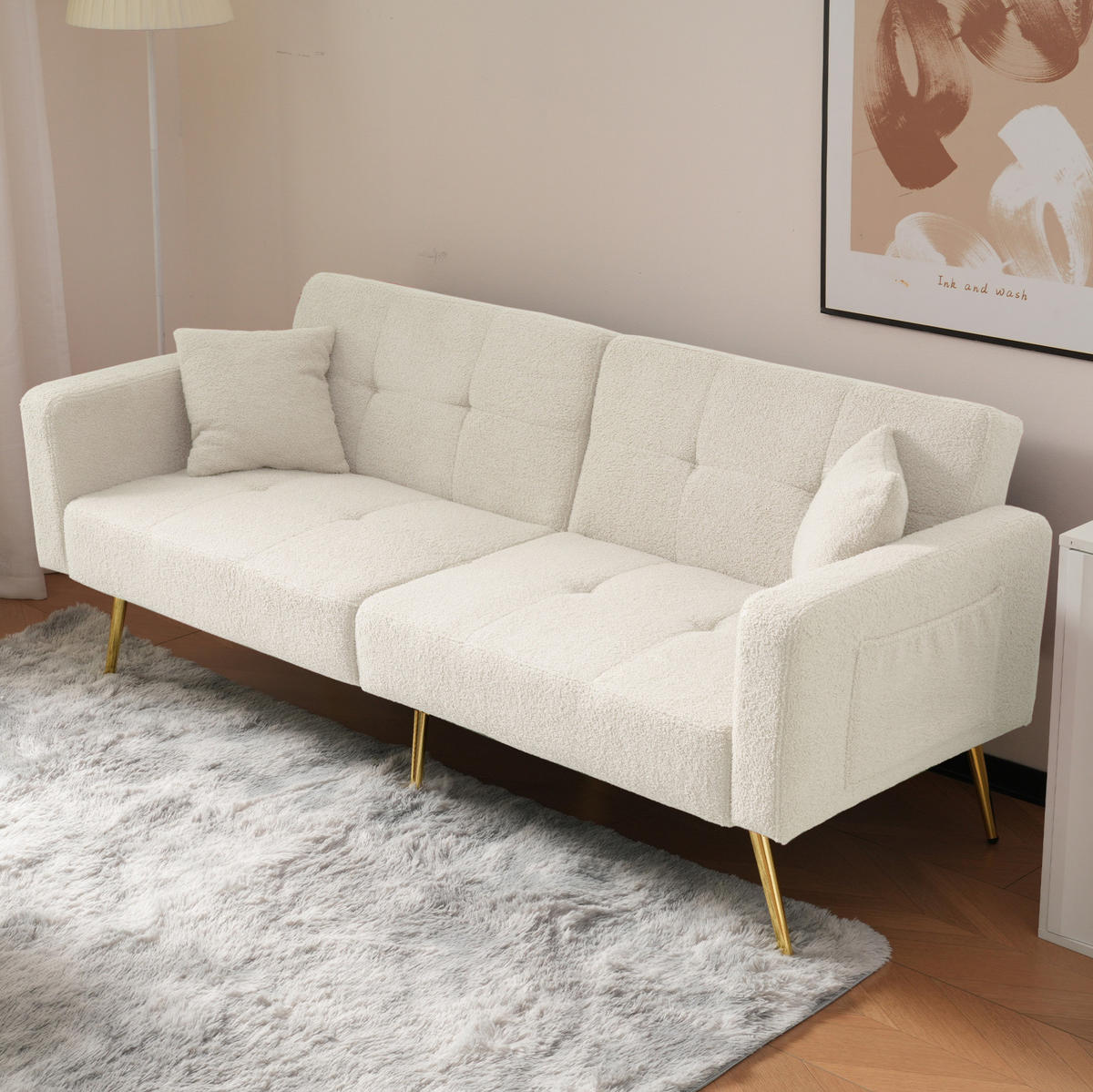 SCHLAFSOFA aus Lammwollstoff 175x64x72 cm Weiß mit Bettfunktion, verstellbarer Rückenlehne und Seitentaschen - Weiß, Kunststoff (175/72/64cm) - Modfu