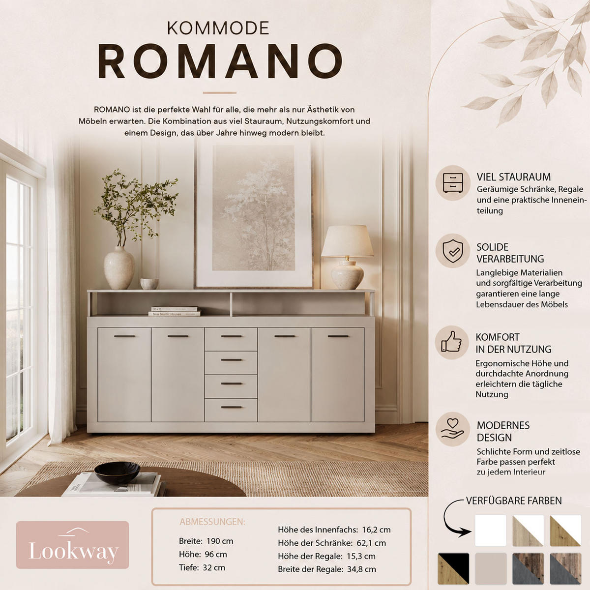 KOMMODE ROMANO mit Schubladen - Weiß, Holzwerkstoff (190/96/32cm) - Lookway