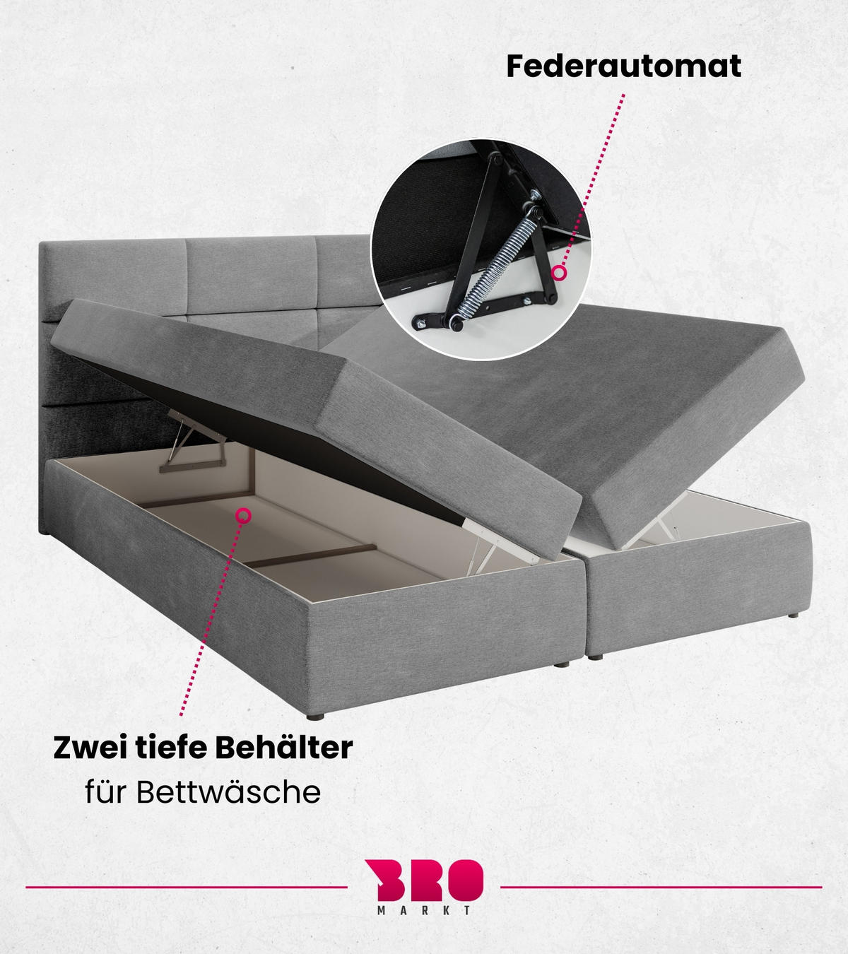 BOXBETT Boston mit Topper 180/200 Hellgrau - Hellgrau, Holzwerkstoff/Textil (180/200cm) - Bromarkt