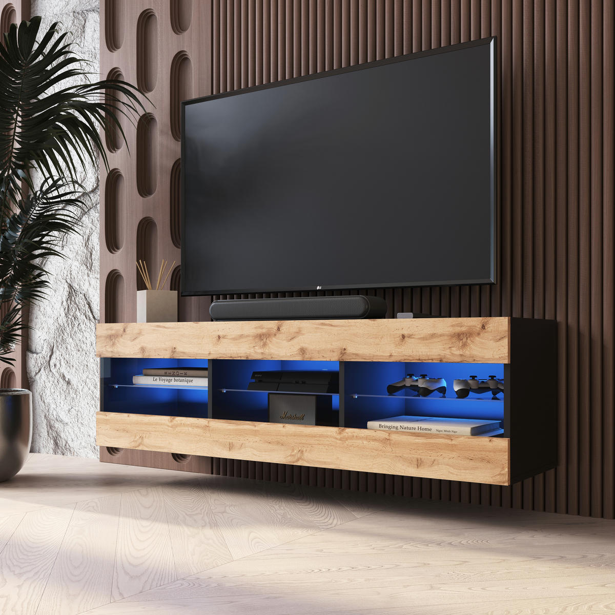 LOWBOARD TIVOLI RTV 140, Wotan, LED Blau - Eiche Wotan/Schwarz, Glas/Holzwerkstoff (140/40.5/35.5cm) - Komodee