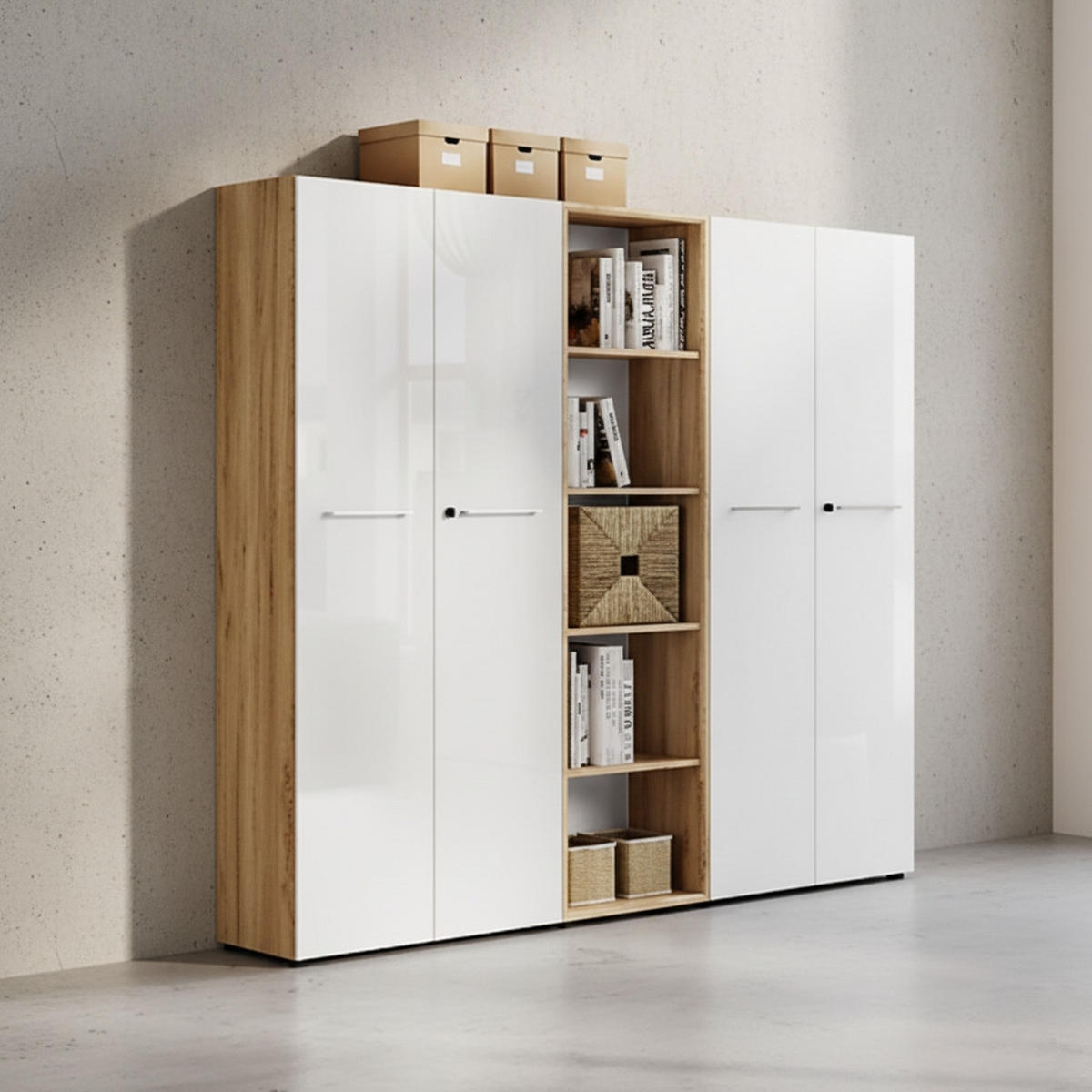 BÜRO-SET MUENCHEN 3-teilig | 240cm breit Glasfront | 2 Schrank Abschließbar & Regal | Chalet-Eiche-Nb./Weiß - Weiß, Holzwerkstoff/Metall (240/196/37cm) - KADIMA DESIGN