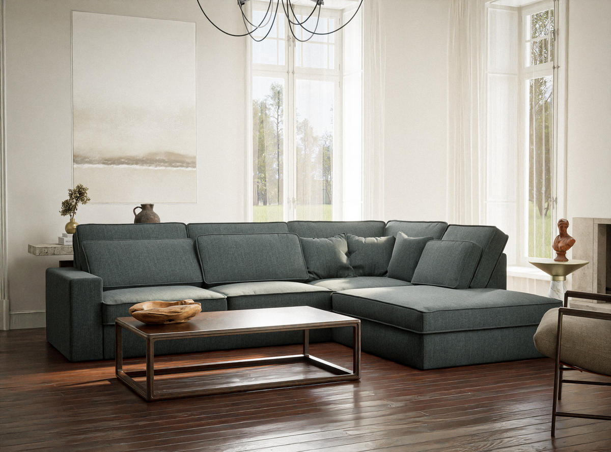 ECKSOFA Kirou Blau Webstoff - Rechts Seite - Blau/Schwarz, Holz/Holzwerkstoff (225/311cm) - Maison de Reve