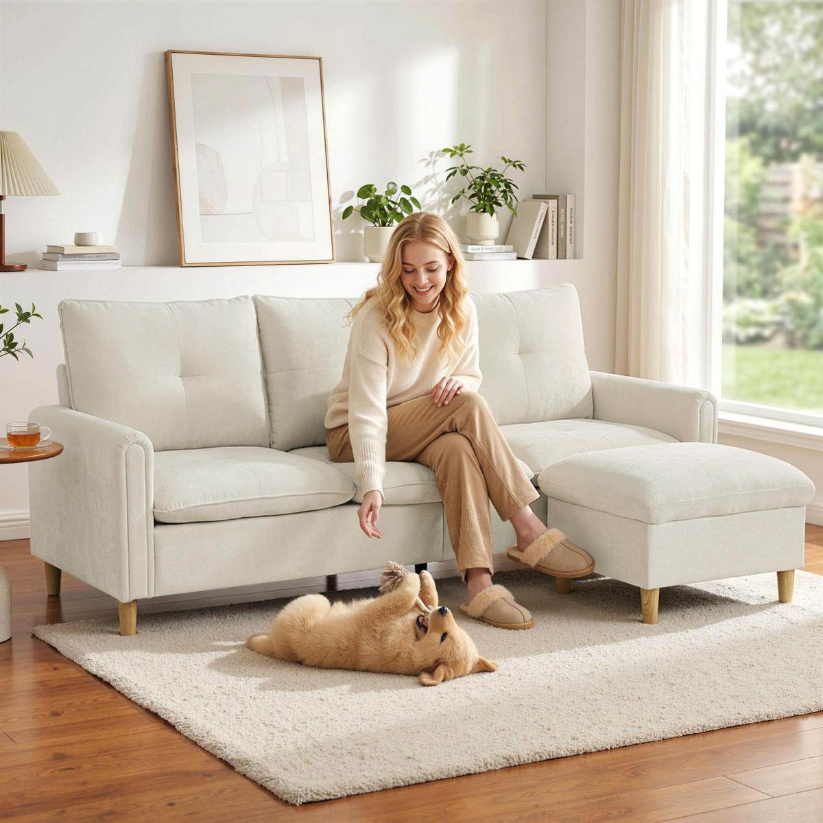 SOFA, 3-Sitzer, modular, Stauraumhocker, Leinenoptik, cremefarben, 210cm - Multicolor, Holzwerkstoff (210/80/77cm) - FORIOUS